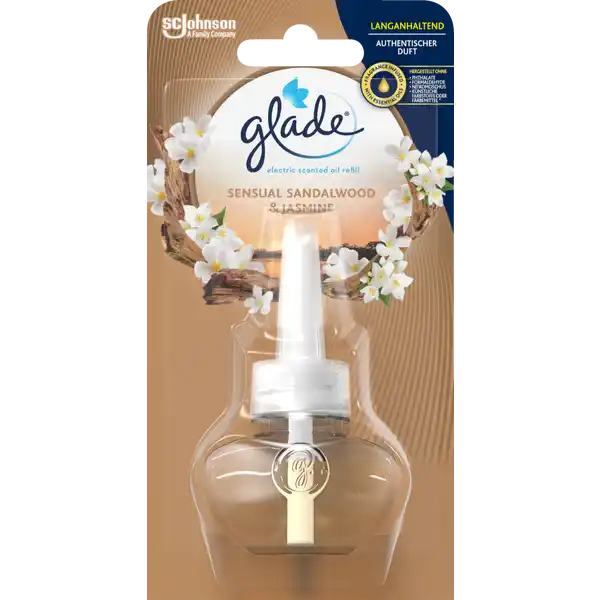 Glade Electric Scented Oil Duftstecker Nachfller Sensual Sandalwood amp Jasmine: Цвет: Produktbeschreibung und details Mit unserem neuen Konzept  Glade electric scented oil  prsentieren wir Ihnen ein vllig neues Dufterlebnis Aufgrund seines eleganten Designs und seiner einzigartigen Technologie bietet unser Produkt vollkommenen Genuss Mit seinen fnf regulierbaren Duftstufen knnen Sie die Intensitt individuell an Ihre Bedrfnisse anpassen und so Ihre persnliche Wohlfhloase kreieren Zustzlich bietet Ihnen unsere groe Duftvielfalt die Mglichkeit in jedem Raum die passende Stimmung zu erzeugen ohne dabei die sthetik Ihres Hauses zu beeintrchtigen Glade electric scented oil  BIS ZU  TAGE DUFT Der DuftlNachfller bietet bis zu  Tage Duft auf niedrigster Einstellung bei tglicher Nutzung von  Stunden Stellen Sie Ihren Halter so ein dass Sie die gewnschte DuftIntensitt erhalten und das perfekte Ambiente in jedem Raum schaffen elegantes Design Duft wie Sie es sich wnschen regulieren Sie die DuftIntensitt nach belieben Nachfller in den gefragtesten Dften erhltlich Kontaktdaten SC Johnson GmbH Postfach  D   Erkrath    Anwendung und Gebrauch Gebrauchsanweisung  Drehen Sie bei Bedarf den elektrischen Stecker des Halters um die Ausrichtung an Ihre Steckdose anzupassen  Halten Sie den DuftlNachfller stets aufrecht Schrauben Sie die Klappe von dem DuftlNachfller ab und setzen Sie ihn in den Halter ein  Stecken Sie den Halter aufrecht in die Steckdose Bitte lesen Sie die wichtigen Sicherheitshinweise  Erhalten Sie die gewnschte DuftIntensitt durch Anpassung der Regulierungsstufe Nach Gebrauch Hnde waschen Warnhinweise und wichtige Hinweise Warnhinweise ACHTUNG
https://www.rossmann.de/de/haushalt-glade-electric-scented-oil-duftstecker-nachfueller-sensual-sandalwood-und-jasmine/p/5000204116380