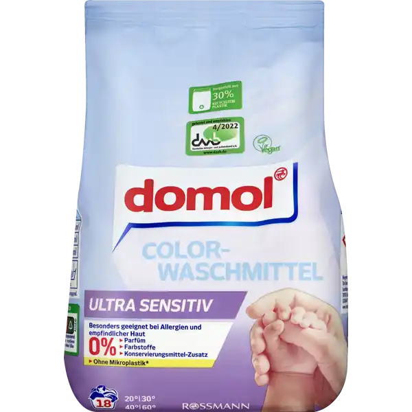 domol Colorwaschmittel Ultra Sensitiv Pulver 18 WL: Цвет: https://www.rossmann.de/de/haushalt-domol-colorwaschmittel-ultra-sensitiv-pulver-18-wl/p/4068134002273
Produktbeschreibung und details Freuen Sie sich auf frische Wsche fr Ihre empfindliche Haut Das domol Colorwaschmittel Ultra Sensitiv kombiniert eine hervorragende Waschkraft mit reduziertem Allergierisiko und untersttzt eine Verringerung der Umweltbelastung Die parfmfreie und besonders hautfreundliche Rezeptur wurde vom Deutschen Allergie und Asthmabund e Vgetestet und empfohlen besonders geeignet bei Allergie und empfindlicher Haut mit kraftvollem EnzymMix fr tiefenwirksame Reinigung fasertiefe Reinheit bereits ab C  Parfm Farbstoffe Konservierungsstoffe optische Aufheller vegan Rezeptur ohne Mikroplastik nach ECHA Definition Kontaktdaten Dirk Rossmann GmbH Isernhgener Str   Burgwedel wwwrossmannde     UrsprungslandHerkunftsort Dnemark Testurteile Qualittssiegel ampamp Verbandszeichen Anwendung und Gebrauch Sortierung und Waschmittelwahl Die Pflegehinweise in den Textilien beachten und die Wsche nach Farbe Verschmutzungsgrad und Temperatur sortieren Neue farbige Textilien knnen ausfrben daher zunchst auf Farbechtheit berprfen und separat bei max C waschen Nicht fr Wolle und Seide geeignet Befllung und Dosierung Mit mglichst niedriger Temperatur waschen aktiv bereits ab C Fr leicht verschmutzte Wsche ein Kurzwaschprogramm und fr stark verschmutzte Wsche hhere Temperaturen whlen max C Gem Wasserhrte Verschmutzungsgrad und Beladung der Waschmaschine dosieren siehe Dosiertabelle und die empfohlene Beladungsmenge des Gerteherstellers beachten domol Colorwaschmittel Ultra Sensitiv ausschlielich ber die Einsplkammer dosieren Eine GratisDosierhilfe erhalten Sie ber das kostenlose InfoTelefon  oder per EMail servicerossmannde Die Wasserhrte ist bei Ihrem rtlichen Wasserwerk in Erfahrung zu bringen Gebrauch Aufbewahrung und Verwendung Aufbewahrungs und Verwendungsbedingungen Auer Reichweite von Kindern aufbewahren Inhaltsstoffe  nichtionische Tenside unter  Seife Zeolithe Weitere Inhaltsstoffe Enzyme Protease Deoxyribonuclease Amylase Cellulase Lipase Mannanase Warnhinweise und wichtige Hinweise Warnhinweise ACHTUNG Verursacht schwere Augenreizung Ist rztlicher Rat erforderlich Verpackung oder Kennzeichnungsetikett bereithalten Darf nicht in die Hnde von Kindern gelangen BEI KONTAKT MIT DEN AUGEN Einige Minuten lang behutsam mit Wasser splen Eventuell vorhandene Kontaktlinsen nach Mglichkeit entfernen Weiter splen Bei anhaltender Augenreizung rztlichen Rat einholenrztliche Hilfe hinzuziehen Detergenzienblatt Detergenzienblatt Laden Sie das Dokument zum Produkt als PDF herunter