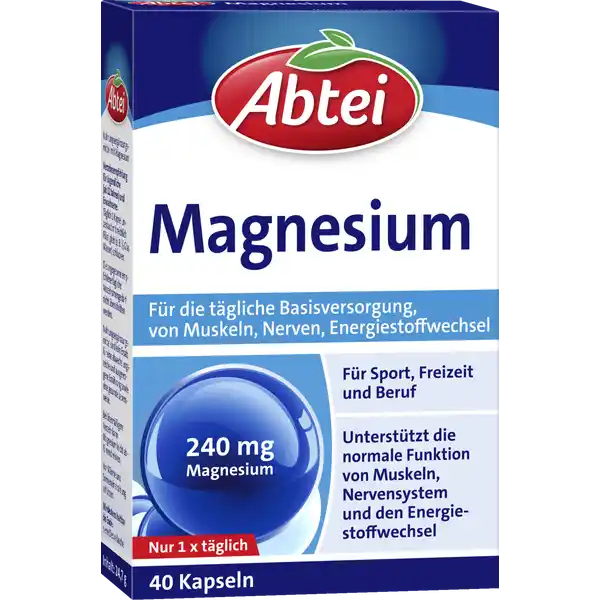 Abtei Magnesium Kapseln: Цвет: https://www.rossmann.de/de/gesundheit-abtei-magnesium-kapseln/p/4250752205628
Produktbeschreibung und details Magnesium ist ein wichtiger Mineralstoff der zu einer normalen Muskelfunktion Funktion des Nervensystems und zu einem normalen Energiestoffwechsel beitrgt Insbesondere durch hohe krperliche Belastung im Beruf oder in der Freizeit kann es zu einer MagnesiumUnterversorgung kommen Da unser Krper den Mineralstoff nicht selbststndig produzieren kann muss er dem Krper von auen zugefhrt werden Das geschieht etwa durch eine ausgewogene Ernhrung kann aber auch zustzlich durch Nahrungsergnzungsmittel untersttzt werden Abtei Magnesium stellt bei regelmigem Verzehr die ausreichende Versorgung mit dem lebenswichtigen Mineralstoff sicher trgt zu einer normalen Muskelfunktion bei trgt zu einer normalen Funktion des Nervensystems bei trgt zur normalen psychischen Funktion bei trgt zu einem normalen Energiestoffwechsel bei trgt zur Erhaltung normaler Knochen und Zhne bei trgt zur Verringerung von Mdigkeit bei Lebensmittelunternehmer Name Perrigo Deutschland GmbH Adresse Knigstrae  DE Stuttgart wwwabteide Rechtlich vorgeschriebene Produktbezeichnung Nahrungsergnzungsmittel mit Magnesium Zutaten Magnesiumoxid Maltodextrin Gelatine Fllstoff mikrokristalline Cellulose Trennmittel Magnesiumsalze der Speisefettsuren Farbstoff Calciumcarbonat Nhrwerte Durchschnittliche Nhrwertangaben pro  Portion  Kapsel Tagesdosis Referenzwert nach Lebensmittelinformationsverordnung NRV Magnesium  mg   Anwendung und Gebrauch VerzehrsempfehlungFr Jugendliche ab  Jahre und ErwachseneTglich  Kapsel unzerkaut mit reichlich Flssigkeit zB  Glas Wasser schlucken Gebrauch Aufbewahrung und Verwendung Aufbewahrungs und Verwendungsbedingungen Vor Wrme und Sonneneinstrahlung schtzen Auerhalb der Reichweite kleiner Kinder aufbewahren Warnhinweise und wichtige Hinweise Warnhinweise Nahrungsergnzungsmittel sind kein Ersatz fr eine abwechslungsreiche und ausgewogene Ernhrung sowie eine gesunde Lebensweise Die angegebene empfohlene tgliche Verzehrsmenge darf nicht berschritten werdenBei bermigem Verzehr kann Magnesium leicht abfhrend wirken