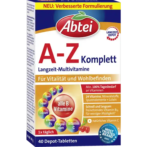 Abtei A-Z Komplett Langzeit-Multivitamine: Цвет: https://www.rossmann.de/de/gesundheit-abtei-a-z-komplett-langzeit-multivitamine/p/4250752203990
Produktbeschreibung und details Eine ausgewogene Ernhrung mit Vitaminen und Mineralstoffen bildet die Basis fr ein gesundes Leben Weil der Krper viele Nhrstoffe nur in begrenzter Menge verwerten kann hat Abtei AZ Komplett einen Vitalkern der die Nhrstoffe aus seinem LangzeitDepot ber mehrere Stunden hinweg abgibt Abtei AZ Komplett enthlt wichtige Vitamine und Mineralstoffe in tagesbedarfsdeckender Menge x tglich fr Vitalitt und Wohlbefinden min  Tagesbedarf an Vitaminen  Vitamine Mineralstoffe Spurenelementen  Lutein schnell und langsam freisetzendes Vitamin B fr weniger Mdigkeit  natrliches Vitamin C auch fr Vegetarier geeignet Vitamin B B Folsure Eisen tragen zur Verringerung von Mdigkeit und Erschpfung bei Lebensmittelunternehmer Name ABTEI OP Pharma GmbH Adresse Abtei  D   Marienmnster wwwabteide Rechtlich vorgeschriebene Produktbezeichnung Nahrungsergnzungsmittel mit Vitaminen Mineralstoffen und Lutein Zutaten Calciumcarbonat Fllstoffe Hydroxypropylmethylcellulose Cellulose Vitamin C Magnesiumoxid Maltodextrin Eisenfumarat Trennmittel Speisefettsuren Siliciumdioxid Magnesiumsalze der Speisefettsuren Vitamin E Nicotinamid Farbstoffe Calciumcarbonat Eisenoxide und Eisenhydroxide Zinkoxid berzugsmittel Isomalt CalciumDPantothenat Mangansulfat AcerolaFruchtsaftpulver  Kupfersulfat Vitamin B Riboflavin Thiamin Vitamin A luteinhaltiger Ringelblumenextrakt Folsure Kaliumiodid Natriumselenat Natriummolybdat Vitamin K Biotin Chromchlorid Vitamin D Vitamin B Nhrwerte Durchschnittliche Nhrwertangaben pro  Portion  Stck Tagesdosis Referenzwert Referenzmenge nach EULebensmittelinformationsverordnung NRV Calcium  mg   Magnesium  mg   Eisen  mg   Zink  mg   Kupfer  mg   Mangan  mg   Fluorid  mg   Selen  g   Chrom  g   Molybdn  g   Jod  g   Vitamin A  g   Vitamin D  g   Vitamin E  mg   Vitamin K  g   Vitamin C  mg   Vitamin B Thiamin  mg   Vitamin B Riboflavin  mg   Niacin  mg   Vitamin B  mg   Folsure  g   Vitamin B  g   Biotin  g   Pantothensure  mg   Anwendung und Gebrauch Verzehrsempfehlung fr Erwachsene Tglich  Tablette mit reichlich Flssigkeit zB  Glas Wasser schlucken Gebrauch Aufbewahrung und Verwendung Aufbewahrungs und Verwendungsbedingungen Vor Wrme und Sonneneinstrahlung schtzen Auerhalb der Reichweite kleiner Kinder aufbewahren Warnhinweise und wichtige Hinweise Warnhinweise Auf den Verzehr weiterer zinkhaltiger Nahrungsergnzungsmittel sollte verzichtet werden Schwangere Frauen sollten aufgrund des Vitamin AGehaltes vor Beginn des Verzehrs ihren Arzt befragen Personen die gerinnungshemmende Arzneimittel vom CumarinTyp einnehmen sollten vor dem Verzehr aufgrund des VitaminKGehalts ihren Arzt befragen Die angegebene empfohlene tgliche Verzehrsmenge darf nicht berschritten werden Nahrungsergnzungsmittel sind kein Ersatz fr eine abwechslungsreiche und ausgewogene Ernhrung sowie eine gesunde Lebensweise