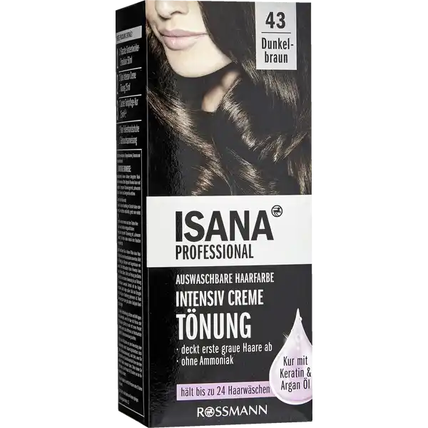 ISANA PROFESSIONAL Intensiv Creme Tnung  Dunkelbraun: Цвет: https://www.rossmann.de/de/pflege-und-duft-isana-professional-intensiv-creme-toenung-43-dunkelbraun/p/4305615466088
Produktbeschreibung und details Die Intensiv Creme Tnung ohne Ammoniak fr ein natrliches Farbergebnis mit schimmernden Farbreflexen Die hochwertige FarbpflegeKur mit Keratin und BioArganl schtzt und pflegt das Haar und verwhnt es mit einem fruchtigen Duft Farbe  Dunkelbraun fr einen weichen bergang zur natrlich nachwachsenden Haarfarbe Wirkformel mit Keratin Bausteinen und Bienenwachs  FarbpflegeKur hlt bis zu  Haarwschen ohne Ammoniak deckt erste graue Haare schonend ab Kontaktdaten Dirk Rossmann GmbH Isernhgener Strae   Burgwedel wwwrossmannde   UrsprungslandHerkunftsort Deutschland Anwendung und Gebrauch Mischen auftragen Nach  Min Einwirkzeit aussplen  Fertig Empfehlung Bei langem Haar bitte  Packungen verwenden Gebrauch Aufbewahrung und Verwendung Aufbewahrungs und Verwendungsbedingungen Vor starker Licheinwirkung schtzen und khl lagern Inhaltsstoffe Intensiv Creme Tnung Aqua Cetearyl Alcohol Ethanolamine Laureth Sodium Laureth Sulfate TolueneDiamine Sulfate Glyceryl Stearate SE Sodium Sulfate Resorcinol DecyltetradecanolSodium Lauryl Sulfate Cera Alba Sodium Sulfite Parfum Methylresorcinol Ascorbic Acid mAminophenol Etidronic Acid Hydrolyzed Keratin AminoChloroNitrophenol AminoHydroxyethylAminoanisole Sulfate FarbentwicklerEmulsion Aqua Cetearyl Alcohol Hydrogen Peroxide Lanolin Alcohol Sodium Lauryl Sulfate Salicylic Acid Disodium Phosphate Phosphoric Acid Etidronic Acid Tocopherol FarbpflegeKur Aqua Cetearyl Alcohol Distearoylethyl Hydroxyethylmonium Methosulfate Isopropyl Myristate Behentrimonium Chloride Cetrimonium Chloride Phenoxyethanol Panthenol Glycerin Quaternium Hydrolyzed Keratin Parfum Argania Spinosa Kernel Oil Dimethicone Isopropyl Alcohol Tocopherol Propylene Glycol Citric Acid Potassium Sorbate Warnhinweise und wichtige Hinweise Warnhinweise Enthlt Phenylediamine Toluylendiamine Resorcin und WasserstoffperoxidHaarfrbemittel knnen schwere allergische Reaktionen hervorrufen Bitte folgende Hinweise lesen und beachten Temporre Ttowierungen mit quotschwarzem Hennaquot knnen das Allergierisiko erhhenFrben Sie Ihr Haar nicht wenn Sie einen Ausschlag im Gesicht haben oder wenn Ihre Kopfhaut empfindlich gereizt oder verletzt ist wenn Sie schon einmal nach dem Frben Ihres Haares eine Reaktion festgestellt haben wenn eine temporre Ttowierung mit quotschwarzem Hennaquot bei Ihnen schon einmal eine Reaktion verursacht hat Bitte konsultieren Sie in diesen Fllen einen Hautarzt bevor Sie eine Haarcoloration anwenden Nicht zur Frbung von Wimpern und Augenbrauen verwenden Das Nichtbeachten dieses Hinweises kann zum Erblinden fhren Nicht zur Frbung des Bartes und nicht fr eine andere Anwendung als zur Frbung der Kopfhaare anwenden Kontakt mit den Augen vermeiden Sofort Augen splen falls das Erzeugnis mit den Augen in Berhrung gekommen ist Nach Anwendung die Haare gut splen Geeignete Handschuhe tragenNicht anwenden wenn Ihr Haar mit Henna oder Metallsalzen gefrbt ist oder mit einem anderen Produkt behandelt wurde das schrittweise zur Naturhaarfarbe zurckfhrt Gebrauchsanweisung beachtenFhren Sie  Stunden vor jeder Anwendung einer Haarcoloration einen Hautvertrglichkeitstest durch siehe Gebrauchsanweisung auch dann wenn Sie zuvor bereits ein Colorationsprodukt dieser oder einer anderen Marke verwendet haben Daher denken Sie daran das Produkt  Stunden vor der Anwendung zu kaufenDieses Produkt ist nicht fr Personen unter  Jahren bestimmt Darf nicht in die Hnde von Kindern gelangen