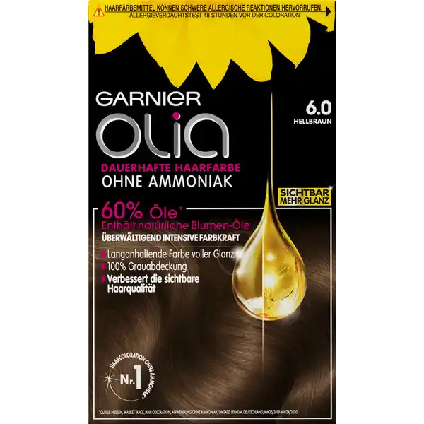 Garnier Olia Dauerhafte Haarfarbe 6.0 Hellbraun: Цвет: Produktbeschreibung und details Garnier Olia Nr  verleiht den Haaren ein langanhaltendes warmes Hellbraun Die dauerhafte Haarfarbe ohne Ammoniak fr einen angenehmen Duft sorgt fr intensive Farbkraft und geschmeidiges glnzendes Haar Die ColorationsCreme ist zu   mit len angereichert Diese aktivieren die strahlende Kraft der Farbe indem sie die hochwirksamen Pigmente tief in der Haarfaser verankern Auch graues Haar wird zuverlssig abgedecktGleichzeitig verwhnt die Coloration das Haar mit reichhaltiger Pflege fr eine sichtbar verbesserte HaarqualittDie cremigsamtige Textur von Garnier Olia tropft nicht und lsst sich mhelos und gleichmig auftragen Dabei entfaltet sie einen zart blumigen Duft Kontaktdaten LORAL Deutschland GmbH  Geschftsbereich LOral Paris Johannstrae   Dsseldorf wwwgarnierde   Anwendung und Gebrauch Machen Sie  Stunden vor der Anwendung den Allergieverdachtstest Decken Sie Ihre Kleidung mit einem alten Handtuch ab und ziehen Sie die beiliegenden Einweghandschuhe an Entsprechend der Gebrauchsanweisung mischen Sie nun die Entwicklercreme mit der Colorationscreme in dem beiliegenden Olia Applikator Die fertige Mischung wird nun direkt auf das trockene ungewaschene Haar entlang des Scheitels aufgetragen und mit den Fingern vom Ansatz aus verteilt Lassen Sie die Farbe entsprechend der jeweiligen Angaben Ihrer Coloration einwirken Splen Sie anschlieend die Farbe mit warmen Wasser aus Gebrauch Aufbewahrung und Verwendung Aufbewahrungs und Verwendungsbedingungen Trocken lagern und Augenkontakt vermeiden Inhaltsstoffe ColorationsCreme Paraffinum Liquidum  Mineral Oil Aqua  Water Ethanolamine Steareth CaprylylCapryl Glucoside Polysorbate  Steareth MAminophenol Ascorbic Acid Sodium Metabisulfite Thioglycerin TolueneDiamine Polyquaternium Helianthus Annuus Seed Oil  Sunflower Seed Oil Limnanthes Alba Seed Oil  Meadowfoam Seed Oil Camellia Oleifera Seed Oil Resorcinol Passiflora Incarnata  Passiflora Incarnata Seed Oil EDTA Parfum  Fragrance EntwicklerCreme AquaWater Paraffinum Liquidum  Mineral Oil Cetearyl Alcohol Hydrogen Peroxide Steareth PEG Rapeseedamide Tocopherol Sodium Salicylate Polyquaternium Phosphoric Acid Tetrasodium Etidronate Tetrasodium Pyrophosphate Hexadimethrine Chloride Glycerin Seide ampamp Glanz Pflegekur zur Mehrfachanwendung AquaWater Cetearyl Alcohol Behentrimonium Chloride Cetyl Esters Tocopherol Trideceth Chlorhexidine Digluconate Helianthus Annuus Seed Oil  Sunflower Seed Oil Camellia Oleifera Seed Oil Amodimethicone Isopropyl Alcohol Citric Acid Cetrimonium Chloride Parfum  Fragrance Warnhinweise und wichtige Hinweise Warnhinweise HAARFRBEMITTEL KNNEN SCHWERE ALLERGISCHE REAKTION HERVORRUFEN Bitte folgende Hinweise lesen und beachten Dieses Produkt ist nicht fr Personen unter  Jahren bestimmt TEMPORRE TTOWIERUNGEN MIT quotSCHWARZEM HENNAquot KNNEN DAS ALLERGIERISIKO ERHHEN Frben Sie Ihre Haare nicht wenn Sie einen Ausschlag im Gesicht haben oder wenn Ihre Kopfhaut empfindlich gereizt oder verletzt ist wenn Sie schon einmal nach dem Frben Ihrer Haare eine Reaktion festgestellt haben wenn eine temporre Ttowierungen mit quotschwarzem Hennaquot bei Ihnen schon einmal eine Reaktion verursacht hat DAS NICHTBEACHTEN EINER VORLIEGENDEN ALLERGIE KANN LEBENSBEDROHLICH SEIN Es ist unbedingt erforderlich einen ALLERGIEVERDACHTSTEST  STUNDEN VOR jeder Anwendung des Produktes durchzufhren auch wenn Sie Haarfarben bereits frher verwendet haben Denken Sie deshalb daran das Produkt  Stunden vorher zu kaufen Gebrauchsanweisung beachten Bei einer Reaktion oder falls Sie Fragen zur persnlichen Vertrglichkeit haben wenden Sie sich vor Anwendung einer Haarfarbe an einen Arzt EntwicklerCreme enthlt Wasserstoffperoxid ColorationsCreme enthlt Phenylendiamin Resorcin Phenylendiamine Toluylendiamine Geeignete Handschuhe tragen Diese liegen der Packung bei Kontakt mit den Augen vermeiden Nicht zur Frbung von Wimpern und Augenbrauen verwenden Sofort Augen splen falls das Erzeugnis mit den Augen in Berhrung gekommen ist Nach Anwendung die Haare gut splen Dieses Produkt frhestens  Tage nach einer Entkruselung Dauerwelle oder einer langanhaltenden Glttung anwenden Nicht anwenden wenn Ihre Haare mit Henna gefrbt oder mit einem Produkt behandelt wurden das schrittweise zur natrlichen Haarfarbe zurckfhrt Darf nicht in die Hnde von Kindern gelangen
https://www.rossmann.de/de/pflege-und-duft-garnier-olia-dauerhafte-haarfarbe-60-hellbraun/p/3600541250703