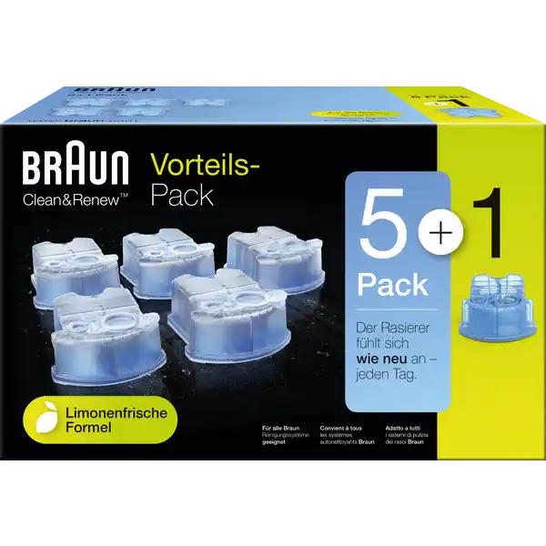 Braun Clean & Renew Reinigungskartuschen Lemon Fresh, Promo-Pack 5+1: Цвет: Produktbeschreibung und details Mit den Braun Clean ampamp Renew Ersatzkartuschen im Pack fr Ihren Rasierer bleiben Ihre Klingen von Braun im TopZustand und ermglichen auf Dauer eine grndliche und sanfte Rasur Die zitronenfrische Formel pflegt die Scherteile und sorgt fr ein erfrischendes Rasiererlebnis mit Ihrem Elektrorasierer fr Herren Die Reinigungslsung auf alkoholischer Basis ist nachweislich mal hygienischer als die Reinigung Ihres Rasierers unter flieendem Wasser und entfernt   aller Keime Reinigungslsung auf alkoholischer Basis entfernt   aller Keime und bietet optimale Hygiene fr Ihren Elektrorasierer Kontaktdaten Braun GmbH Frankfurter Str  Kronberg Germany   Anwendung und Gebrauch Mit nur einem Knopfdruck wird Ihr Rasierer hygienisch gereinigt geladen und gepflegt  fr maximale Bequemlichkeit Inhaltsstoffe Isopropanol Perfume Limonene Citral Cationic Tenside Warnhinweise und wichtige Hinweise Warnhinweise GEFAHR Reinigungsflssigkeit fr Rasierapparate Gefahr Flssigkeit und Dampf leicht entzndlich Verursacht schwere Augenreizungen Ist rztlicher Rat erforderlich Verpackung oder Kennzeichnungsetikett bereithalten Darf nicht in die Hnde von Kindern gelangen Von Hitze heien Oberflchen Funken offener Flamme und anderen Zndquellen fernhalten Nicht rauchen BEI KONTAKT MIT DEN AUGEN  Einige Minuten lang behutsam mit Wasser splen Eventuell vorhandene Kontaktlinsen nach Mglichkeit entfernen Weiter aussplen
https://www.rossmann.de/de/pflege-und-duft-braun-clean-und-renew-reinigungskartuschen-lemon-fresh-promo-pack-51/p/4210201195351