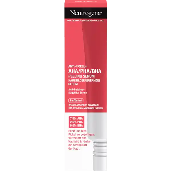 Neutrogena Anti-Pickel+ AHA/PHA/BHA Peeling Serum: Цвет: Produktbeschreibung und details Das Neutrogena AntiPickel AHAPHABHAPeeling Serum mit hautklrender Salicylsure   AHAPHA hilft Pickel zu beseitigen und das Hautbild zu verfeinern Zustzlich wurde das Gesichtsserum fr unreine Haut mit Dermatologen entwickelt Das leistungsstarke Peeling Serum fr das Gesicht hilft wissenschaftlich erwiesen farbige Pickelmale verblassen zu lassen Darber hinaus frdert das hautbilderneuernde Serum die Strahlkraft der Haut Das parfmfreie AntiPickel Serum enthlt  hautklrende Salicylsure BHA und eine  AHA  PHA Mischung bestehend aus Glykolsure Mandelsure und Gluconolacton Das hautklrende Gesichtsserum fr unreine Haut Das AntiPickel AHA  PHA  BHAPeeling Serum von Neutrogena mit hautklrender Salicylsure   AHAPHA hilft Pickel zu beseitigen und das Hautbild zu verfeinern Mit Dermatologen entwickelt Das leistungsstarke AntiPickel Peeling Serum fr das Gesicht hilft wissenschaftlich erwiesen farbige Pickelmale verblassen zu lassen zudem frdert das Hautpflege Serum die Strahlkraft der Haut Parfmfreie Gesichtspflege Das hautbilderneuernde ampamp parfmfreie PHA  BHA  AHA Peeling Serum enthlt  hautklrende Salicylsure BHA und eine  AHA  PHA Mischung bestehend aus Glykolsure Mandelsure und Gluconolacton Kontaktdaten Johnson ampamp Johnson SBF  Val de Reuil France wwwneutrogenade UrsprungslandHerkunftsort Frankreich Anwendung und Gebrauch Neue Anwender sollten das Produkt in den ersten  Tagen auf kleine Bereiche auftragen Wenn keine Beschwerden auftreten tragen Sie einmal tglich eine dnne Schicht auf das gereinigte Gesicht auf und erhhen Sie auf zweimal tglich falls gewnscht Wenn sich die Haut trocken anfhlt oder sich schuppt reduzieren Sie die Anwendung Inhaltsstoffe Aqua Propylene Glycol Glycolic Acid Dimethicone Sodium Hydroxide Mandelic Acid Gluconolactone Neopentyl Glycol Diheptanoate Hydroxyethyl AcrylateSodium Acryloyldimethyl Taurate Copolymer Salicylic Acid tButyl Alcohol Dimethicone Crosspolymer Polyacrylate Crosspolymer Polysorbate  Sorbitan Isostearate Disodium EDTA Warnhinweise und wichtige Hinweise Warnhinweise Vermeiden Sie den Kontakt mit den Augen Enthlt AHAs die die Empfindlichkeit Ihrer Haut gegenber der Sonne erhhen knnen Verwenden Sie einen Sonnenschutz und vermeiden Sie es sich whrend der Verwendung dieses Produkts und eine Woche danach der Sonne auszusetzen
https://www.rossmann.de/de/pflege-und-duft-neutrogena-anti-pickel-ahaphabha-peeling-serum/p/3574661654546