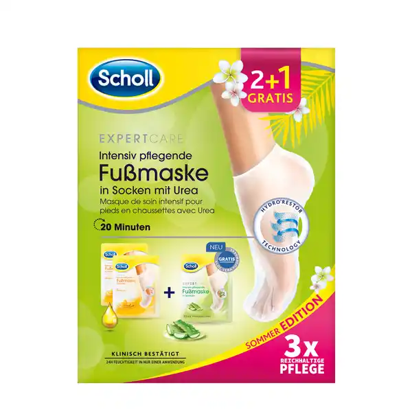 Scholl ExpertCare Intensiv pflegende Fumaske er Set Limited Edition: Цвет: Produktbeschreibung und details Das er Multipack enthlt zwei x nhrende Fumasken mit  wertvollen len und eine Gratis Fumaske mit Aloe Vera Fr seidig weiche geschmeidige Fe in nur  Minuten Die feuchtigkeitsspendende Fumaske pflegt die trockene Haut an Ihren Fen Einfache Anwendung  ganz ohne zu fetten Kontaktdaten Scholls Wellness Company GmbH Schwalbacher Str   Wiesbaden UrsprungslandHerkunftsort Deutschland Anwendung und Gebrauch  Fumasken aus der Verpackung nehmen  Jede Maske vorsichtig oben an der Socke ffnen  Beide Socken ber die sauberen und trockenen Fe ziehen und mit beiliegendem Klebeband befestigen  Socken  Minuten einwirken lassen dann ausziehen und restliche Maske einmassieren Gebrauch Aufbewahrung und Verwendung Aufbewahrungs und Verwendungsbedingungen Auer Reichweite von Kindern aufbewahren Khl und trocken lagern Inhaltsstoffe Aloe Vera Fumaske Polyisobutene Glyceryl Stearate Dimethicone Stearyl Alcohol Butyrospermum Parkii Butter PEG Stearate CaprylicCapric Triglyceride Phenoxyethanol Betaine Ceteareth Cetyl Alcohol Chlorphenesin Glyceryl Caprylate Aloe Barbadensis Leaf JuiceAcrylatesC Alkyl Acrylate Crosspolymer Parfum Xanthan Gum Allantoin Niacinamide Panthenol Disodium EDTA Propylene GlycolTocopheryl Acetate BHT Sodium HydroxideTocopherol Linalool Butylene Glycol Ethylhexylglycerin Aloe Barbadensis Leaf Juice Powder Lactic Acid Algin Sodium Citrate Atelocollagen Serine Methylparaben Citric Acid  le Fumaske Aqua Glycerin Urea Hydrogenated Polyisobutene Dimethicone Glyceryl Stearate Stearyl Alcohol Butyrospermum Parkii Butter PEG Stearate CaprylicCapric Triglyceride Betaine Ceteareth Phenoxyethanol Cetyl Alcohol Parfum Chlorphenesin Argania Spinosa Kernel Oil Hydrogenated Jojoba Oil Persea GratissimaOil Glyceryl CaprylateAcrylatesC Alkyl Acrylate Crosspolymer Allantoin Niacinamide Panthenol Xanthan Gum Disodium EDTA Propylene Glycol BHT Tocopheryl Acetate SodiumHydroxide Hexyl Cinnamal Benzyl SalicylateTocopherol Butylene Glycol Aloe Barbadensis Leaf Juice Powder Lactic Acid Algin Sodium Citrate Atelocollagen Serine Methylparaben Citric Acid Warnhinweise und wichtige Hinweise Warnhinweise Anwendung sofort abbrechen falls Reizungen oder Beschwerden auftreten Nur uerlich anwenden Augenkontakt vermeiden
https://www.rossmann.de/de/pflege-und-duft-scholl-expertcare-intensiv-pflegende-fussmaske-3er-set-limited-edition/p/4002448166078