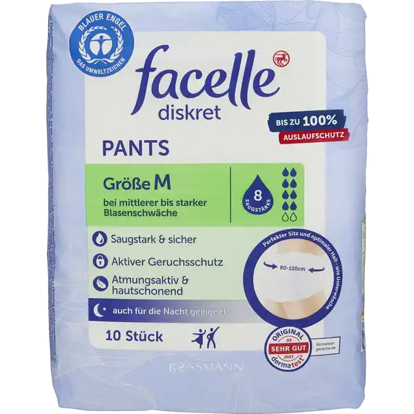 facelle diskret Pants Gr. M: Цвет: Produktbeschreibung und details Hohe Saugleistung Der Saugkern mit ComfortDry Technologie sorgt fr eine optimale Flssigkeitsverteilung Die Flssigkeit wird schnell und sicher ins Innere der Pants geleitet fr ein langanhaltendes Trockenheitsgefhl Elastische Innenbndchen beugen dem Auslaufen vor und sorgen fr maximale Sicherheit Maximale Saugleistung  ml Tragekomfort Die extra weiche Oberflche vermittelt ein Gefhl wie Baumwolle und sorgt fr einen angenehmen Tragekomfort Die Hautfreundlichkeit ist dermatologisch besttigt Die textilhnliche und atmungsaktive Auenseite ist besonders weich und diskret Diskrete Passform Der schmale Saugkrper sowie die optimale Passform mit extra weichem Bundmaterial sorgen fr einen bestmglichen Tragekomfort Sie sind so diskret wie Unterwsche und bieten optimalen Schutz im Alltag Aktiver Geruchsschutz Gerche werden schnell und sicher eingeschlossen Fr ein angenehmes und andauerndes Frischegefhl Fr Frauen und Mnner Lassen Sie sich durch Blasenschwche nicht einschrnken Mit den Produkten von facelle diskret knnen Sie sich ein Stck Normalitt bewahren Gewinnen Sie mehr Lebensqualitt indem Sie unbeschwert durch den Alltag gehen und auch in der Nacht entspannt schlafen Einfach sicher  mit facelle diskret Kontaktdaten Dirk Rossmann GmbH Isernhgener Strae   Burgwedel wwwrossmannde   UrsprungslandHerkunftsort Hergestellt in der EU Testurteile Qualittssiegel ampamp Verbandszeichen
https://www.rossmann.de/de/gesundheit-facelle-diskret-pants-gr-m/p/4305615467634