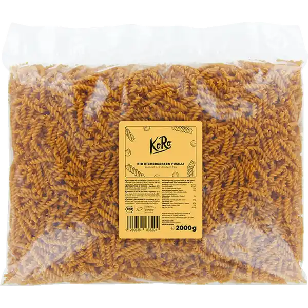 KoRo Bio Fusilli aus Kichererbsen: Цвет: Produktbeschreibung und details Der allseits beliebte Klassiker unter den Nudel mit einem leckeren Twist Die Fusilli von KoRo sind aus   Kichererbsenmehl bringen Schwung ins nchste PastaGericht Denn die gelben Nudeln knnen mit ihrer bissfesten Konsistenz und schnellen Zubereitung locker mit dem Original mithalten Ob mit Pesto oder dem Klassiker Tomatensoe durch die besonders beliebte FusilliForm nehmen sie die Soe perfekt auf und sind nach nur  Minuten Kochzeit fertig zum Servieren Die Nudeln werden glutenfrei und rein pflanzlich in Deutschland hergestellt und sind durch das Kichererbsenmehl eine leckere Proteinquelle Die  kgNudelpackung ist dann fast so schnell weg wie sie aufgemacht wurde So viel so gut  frei nach diesem Motto bieten wir von KoRo Lebensmittel in Gropackungen an Das spart nicht nur Verpackungsmaterial und Kosten sondern garantiert auerdem langfristigen Genuss von innovativen Snacks Superfoods und altbewhrten Koch und Backzutaten Dabei versuchen wir stetig unsere Produktpalette zu erweitern und dabei so nah wie mglich am Ursprung einzukaufen Nudeln aus   Kichererbsenmehl feiner Geschmack von Kichererbsen mit nussiger Note vegan glutenfrei und in Bioqualitt hoher Protein und Ballaststoffgehalt Lecker im Salat mit Soe oder Pesto Lebensmittelunternehmer Name KoRo Handels GmbH Adresse Hauptstrae   Berlin wwwkorodrogeriede Bio Zertifikat DEKO UrsprungslandHerkunftsort EULandwirtschaft Testurteile Qualittssiegel ampamp Verbandszeichen Rechtlich vorgeschriebene Produktbezeichnung Bio Erzeugnis aus Kichererbsenmehl Zutaten   Kichererbsenmehl aus kontrolliert biologischem Anbau Kann Spuren von SOJA und EI enthalten Nhrwerte Durchschnittliche Nhrwertangaben pro  g Energie  kj   kcal Fett  g davon  gesttigte Fettsuren  g Kohlenhydrate  g davon  Zucker  g Ballaststoffe  g Eiwei  g Salz  g Gebrauch Aufbewahrung und Verwendung Aufbewahrungs und Verwendungsbedingungen Bitte Khl und trocken lagern und vor Wrme schtzen Zubereitung Kochzeit min
https://www.rossmann.de/de/lebensmittel-koro-bio-fusilli-aus-kichererbsen/p/4260335838204