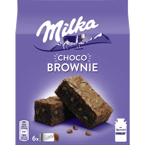 Milka Choco Brownie: Цвет: Produktbeschreibung und details mit Alpenmilchschokolade extra schokoladig Lebensmittelunternehmer Name Mondelez Deutschland Adresse D Bremen wwwmilkacom   Rechtlich vorgeschriebene Produktbezeichnung Kuchen mit Schokolade   Alpenmilchschokolade   Milchschokolade   und Alpenmilchschokoladenstckchen   Zutaten Zucker EI  Palml WEIZENMEHL  Kakaomasse Rapsl Glukosesirup Kakaobutter Dextrose Feuchthaltemittel Glycerin Invertzuckersirup VOLLMILCHPULVER  Emulgator E SOJALECITHIN  E E Smolkenpulver aus MILCH  MAGERMILCHPULVER  gezuckerte KONDENSMILCH  fettarmes Kakaopulver BUTTERREINFETT  Aromen Konservierungsmittel Kaliumsorbat Speisesalz modifizierte Strke Sureregulatoren Citronensure Weinsure Geliermittel Natriumalginat Backtriebmittel Dinatriumdiphosphat Natriumhydrogencarbonat Kann NSSE und SESAMSAMEN enthalten Nhrwerte Durchschnittliche Nhrwertangaben pro  g pro  Portion GDA  Keks  g Energie  kj   kcal  kj   kcal   Fett  g  g   davon  gesttigte Fettsuren  g  g   Kohlenhydrate  g  g   davon  Zucker  g  g   Ballaststoffe  g  g Eiwei  g  g   Salz  g  g   Gebrauch Aufbewahrung und Verwendung Aufbewahrungs und Verwendungsbedingungen Trocken lagern und vor Wrme schtzen Warnhinweise und wichtige Hinweise Warnhinweise Hitze und Sonnenlicht knnen zur Bildung eines harmlosen weien Belags auf der Oberflche der Schokolade fhren
https://www.rossmann.de/de/lebensmittel-milka-choco-brownie/p/7622210635396