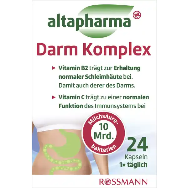 altapharma Darm Komplex: Цвет: Produktbeschreibung und details Eine gesunde Darmflora ist ausgesprochen wichtig fr ein intaktes Immunsystem Altapharma Darm Komplex enthlt  Mrd Milchsurebakterien in Verbindung mit relevanten Nhrstoffen Das in altapharma Darm Komplex enthaltene Vitamin B trgt zur Erhaltung normaler Schleimhute bei Damit auch derer des Darms Vitamin B C und Folsure leisten zudem einen Beitrag zur normalen Funktion des Immunsystems fr Vegetarier geeignet glutenfrei Lebensmittelunternehmer Name Dirk Rossmann GmbH Adresse Isernhgener Strae   Burgwedel wwwrossmannde Testurteile Qualittssiegel ampamp Verbandszeichen Rechtlich vorgeschriebene Produktbezeichnung Nahrungsergnzungsmittel mit Vitaminen Milchsurebakterien und Inulin Zutaten Strke Lactobacillus rhamnosus Inulin berzugsmittel Hydroxypropylmethylcellulose Ascorbinsure Lactobacillus plantarum Trennmittel Magnesiumsalze der Speisefettsuren Pyridoxinhydrochlorid Riboflavin Thiaminmononitrat Lactobacillus reuteri Folsure Nhrwerte Durchschnittliche Nhrwertangaben pro  Portion pro Tagesdosis  Kapsel NRV Vitamin C  mg   Vitamin B Thiamin  mg   Vitamin B Riboflavin  mg   Vitamin B  mg   Folsure  g   Anwendung und Gebrauch Verzehrempfehlung  Hartkapsel tglich unzerkaut mit Wasser verzehren Gebrauch Aufbewahrung und Verwendung Aufbewahrungs und Verwendungsbedingungen Trocken vor Wrme und Licht geschtzt aufbewahren Warnhinweise und wichtige Hinweise Warnhinweise Bitte auerhalb der Reichweite von Kindern aufbewahren Die angegebene empfohlene tgliche Verzehrsmenge darf nicht berschritten werden Nahrungsergnzungsmittel sind kein Ersatz fr eine ausgewogene und abwechslungsreiche Ernhrung und eine gesunde Lebensweise
https://www.rossmann.de/de/gesundheit-altapharma-darm-komplex/p/4305615901404