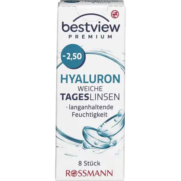BestView Premium weiche Tageslinsen Hyaluron -2,50: Цвет: https://www.rossmann.de/de/gesundheit-bestview-premium-weiche-tageslinsen-hyaluron--250/p/4719889750062
Produktbeschreibung und details Die bestview Premium Hyaluron weiche Tageslinsen erfllen alle europischen Normen und medizinischen Richtlinien Das zugefgte Hyaluron begnstigt eine Verbesserung der Stabilitt des Trnenfilms Die bestview Tageslinsen besitzen ein spezielles Linsendesign welches eine einfachere Anwendung ermglicht Tageslinsen sind durch ihren tglichen Austausch besonders hygienisch und brauchen nicht gereinigt zu werden Tageslinsen sind besonders zu empfehlen wenn man nur ab und zu Kontaktlinsen trgt etwa beim Sport im Urlaub oder am Wochenende bestview Premium Hyaluron weiche Tageslinsen sind vertrgliche weiche Kontaktlinsen zur Korrektur von Kurzsichtigkeit langanhaltende Feuchtigkeit  Stck Kontaktdaten Dirk Rossmann GmbH Isernhgener Strae   Burgwedel wwwrossmannde Anwendung und Gebrauch Nutzungsdauer  Tag Inhaltsstoffe  Wasser  Etafilcon A Phosphat gepufferte Kochsalzlsung Warnhinweise und wichtige Hinweise Warnhinweise Nicht verwenden bei beschdigter Linsenverpackung Gehen Sie mit Ihren Linsen bitte regelmig zu einer augenrztlichen Kontrolle Folgen Sie den Anweisungen Ihres Kontaktlinsenanpassers Schlafen Sie nicht mit eingesetzter Linse Bitte beachten Sie die beiliegende Gebrauchsinformation