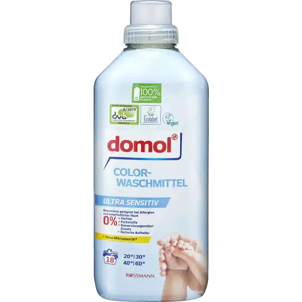 domol Ultra Sensitiv Colorwaschmittel Flssig  WL: Цвет: https://www.rossmann.de/de/haushalt-domol-ultra-sensitiv-colorwaschmittel-fluessig-18-wl/p/4305615104737
Produktbeschreibung und details Freuen Sie sich auf frische Wsche fr Ihre empfindliche Haut  mit dem domol Colorwaschmittel Ultra Sensitiv Besonders geeignet bei Allergien und empfindlicher Haut  Parfm  Farbstoffe  KonservierungsmittelZusatz  Optische Aufheller Rezeptur ohne Mikroplastik nach ECHA Definition Kontaktdaten Dirk Rossmann GmbH Isernhgener Strae   Burgwedel wwwrossmannde   UrsprungslandHerkunftsort Hergestellt in der EU Testurteile Qualittssiegel ampamp Verbandszeichen Anwendung und Gebrauch Die Pflegehinweise in den Textilien beachten und die Wsche vorsortieren Nicht farbechte Textilien separat waschen Nicht fr Wolle und Seide geeignet Mit mglichst niedriger Temperatur waschen aktiv bereits ab C domol Colorwaschmittel Ultra Sensitiv ber die Einsplkammer dosieren oder mit einer Dosierkugel direkt zur Wsche geben Gem Wasserhrte Verschmutzungsgrad und Beladung der Waschmaschine dosieren siehe Dosiertabelle und die empfohlene Beladungsmenge des Gerteherstellers beachten Die Wasserhrte ist bei Ihrem rtlichen Wasserwerk in Erfahrung zu bringen  Verschluskappe  ml Inhaltsstoffe  nichtionische Tenside anionische Tenside Unter  Seife Phosphonate Enzyme Warnhinweise und wichtige Hinweise Warnhinweise ACHTUNG Verursacht schwere Augenreizung Ist rztlicher Rat erforderlich Verpackung oder Kennzeichnungsetikett bereithalten Darf nicht in die Hnde von Kindern gelangen BEI KONTAKT MIT DEN AUGEN Einige Minuten lang behutsam mit Wasser splen Eventuell vorhandene Kontaktlinsen nach Mglichkeit entfernen Weiter splen Bei anhaltender Augenreizung rztlichen Rat einholenrztliche Hilfe hinzuziehen Detergenzienblatt Detergenzienblatt Laden Sie das Dokument zum Produkt als PDF herunter