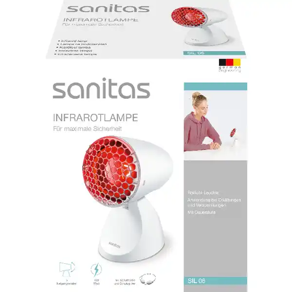 Sanitas Sanitas Rotlichtlampe SIL 06: Цвет: https://www.rossmann.de/de/gesundheit-sanitas-sanitas-rotlichtlampe-sil-06/p/4211125614454
Produktbeschreibung und details Muskelverspannungen Halsschmerzen Schnupfennasen  eine Rotlichtlampe bringt wahrnehmbare Linderung Mit ihrer wohltuenden Wrme gehrt die Sanitas Rotlichtlampe in jeden Haushalt Ihr verstellbarer Schirm mit fnf Neigungswinkeln lsst sich ideal auf die zu behandelnden Krperstellen justieren Genieen Sie die Wrme des Rotlichts mit Dauerstufe und  Watt Leistung verstellbarer Schirm  Neigungswinkel mit Dauerstufe Leistung  W Farbe Wei Kontaktdaten Dirk Rossmann GmbH Isernhgener Strae   Burgwedel wwwrossmannde Anwendung und Gebrauch Dieses Produkt ist nicht zur Raumbeleuchtung im Haushalt geeignet Hinweise zur Elektrogerte und Batterieentsorgung Hinweise zur Entsorgung von Elektrogerten und Batterien httpswwwrossmanndedeserviceundhilfeelektrogesetzbatteriegesetz