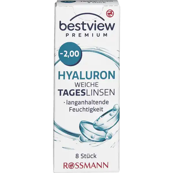 BestView Premium weiche Tageslinsen Hyaluron -2,00: Цвет: https://www.rossmann.de/de/gesundheit-bestview-premium-weiche-tageslinsen-hyaluron--200/p/4719889750048
Produktbeschreibung und details Die bestview Premium Hyaluron weiche Tageslinsen erfllen alle europischen Normen und medizinischen Richtlinien Das zugefgte Hyaluron begnstigt eine Verbesserung der Stabilitt des Trnenfilms Die bestview Tageslinsen besitzen ein spezielles Linsendesign welches eine einfachere Anwendung ermglicht Tageslinsen sind durch ihren tglichen Austausch besonders hygienisch und brauchen nicht gereinigt zu werden Tageslinsen sind besonders zu empfehlen wenn man nur ab und zu Kontaktlinsen trgt etwa beim Sport im Urlaub oder am Wochenende bestview Premium Hyaluron weiche Tageslinsen sind vertrgliche weiche Kontaktlinsen zur Korrektur von Kurzsichtigkeit langanhaltende Feuchtigkeit  Stck Kontaktdaten Dirk Rossmann GmbH Isernhgener Strae   Burgwedel wwwrossmannde Anwendung und Gebrauch Nutzungsdauer  Tag Inhaltsstoffe  Wasser  Etafilcon A Phosphat gepufferte Kochsalzlsung Warnhinweise und wichtige Hinweise Warnhinweise Nicht verwenden bei beschdigter Linsenverpackung Gehen Sie mit Ihren Linsen bitte regelmig zu einer augenrztlichen Kontrolle Folgen Sie den Anweisungen Ihres Kontaktlinsenanpassers Schlafen Sie nicht mit eingesetzter Linse Bitte beachten Sie die beiliegende Gebrauchsinformation