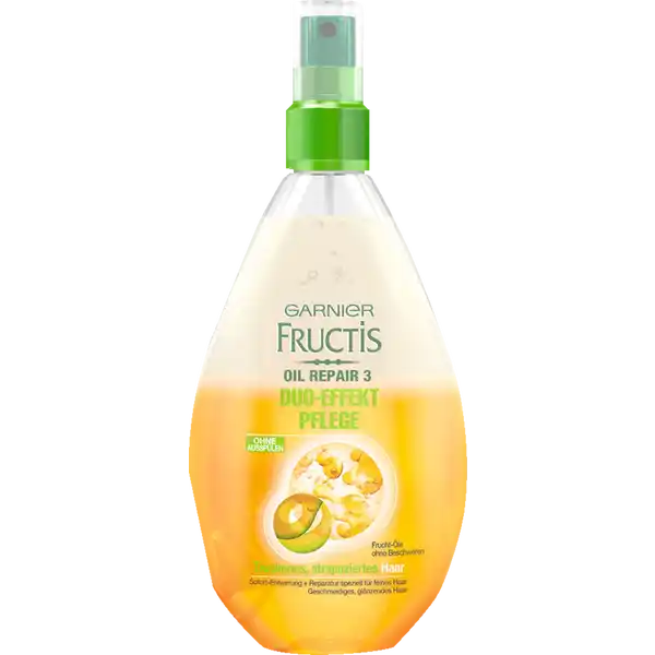 Garnier Fructis Oil Repair 3 Duo-Effekt-Pflege: Цвет: Produktbeschreibung und details Garnier Fructis Oil Repair  DuoEffektPflege wurde speziell fr trockenes Haar entwickelt Sie kombiniert eine pflegende Milch und ein Serum das mit  len angereichert ist Avocado Kokosnuss und Olivenl Die Milch nhrt und entwirrt das Haar sanft  das Haar erlangt wieder seine Geschmeidigkeit und lsst sich spielend leicht durchkmmen Dabei repariert das Serum mit der Kraft von Fruchtlen das Haar tiefenwirksam ohne zu beschweren oder zu fetten Das Ergebnis Das Haar ist gesund seidig und glnzend nach nur einer Anwendung Die leichte Formel kann jeden Tag angewendet werden Kontaktdaten LORAL Deutschland GmbH  Geschftsbereich LOral Paris Johannstrae   Dsseldorf wwwgarnierde UrsprungslandHerkunftsort Frankreich Anwendung und Gebrauch Die Flasche vor der Anwendung gut durchschtteln Die DuoEffektPflege auf trockenem Haar anwenden Nicht aussplen Inhaltsstoffe AQUA  WATER  ISODODECANE  OLEA EUROPAEA FRUIT OIL  OLIVE FRUIT OIL  SACCHARUM OFFICINARUM EXTRACT  SUGARCANE EXTRACT  CAMELLIA SINENSIS LEAF EXTRACT  HELIANTHUS ANNUUS SEED OIL  SUNFLOWER SEED OIL  ROSMARINUS OFFICINALIS LEAF EXTRACT  ROSEMARY LEAF EXTRACT  COCOS NUCIFERA OIL  COCONUT OIL  CITRUS LIMON FRUIT EXTRACT  LEMON FRUIT EXTRACT  PERSEA GRATISSIMA OIL  AVOCADO OIL  PYRUS MALUS FRUIT EXTRACT  APPLE FRUIT EXTRACT  BUTYROSPERMUM PARKII BUTTER  SHEA BUTTER  NIACINAMIDE  LEUCONOSTOCRADISH ROOT FERMENT FILTRATE  GLYCERIN  TRIDECETH  TRIDECETH  AMODIMETHICONE  SODIUM CHLORIDE  PYRIDOXINE HCl  PHENYL TRIMETHICONE  HYDROXYPROPYLTRIMONIUM LEMON PROTEIN  CAPRYLYL GLYCOL  TETRASODIUM EDTA  CITRIC ACID  LAURETH  LAURETH  ACETIC ACID  POLYQUATERNIUM  POLYQUATERNIUM  TOCOPHEROL  PHENOXYETHANOL  CHLORPHENESIN  CI   YELLOW   CI   YELLOW   LINALOOL  COUMARIN  LIMONENE  PARFUM  FRAGRANCE FIL C Warnhinweise und wichtige Hinweise Warnhinweise Bei Kontakt mit den Augen diese grndlich aussplen
https://www.rossmann.de/de/pflege-und-duft-garnier-fructis-oil-repair-3-duo-effekt-pflege/p/3600541550445