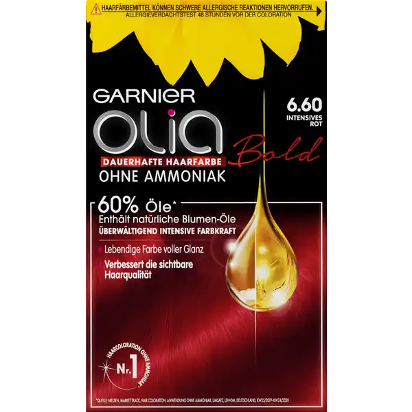 Garnier Olia dauerhafte Haarfarbe 6.6 Intensives Rot: Цвет: Produktbeschreibung und details Garnier Olia Nr  Intensives Rot verleiht den Haaren ein langanhaltendes krftiges Rot Die dauerhafte Haarfarbe ohne Ammoniak sorgt fr intensive Farbkraft und geschmeidiges glnzendes Haar Die ColorationsCreme ist zu   mit len angereichert Diese aktivieren die strahlende Kraft der Farbe indem sie die hochwirksamen Pigmente tief in der Haarfaser verankern Auch graues Haar wird zuverlssig abgedecktGleichzeitig verwhnt die Coloration das Haar mit reichhaltiger Pflege fr eine sichtbar verbesserte HaarqualittDie cremigsamtige Textur von Garnier Olia tropft nicht und lsst sich mhelos und gleichmig auftragen Dabei entfaltet sie einen zart blumigen Duft enthlt  Tube EntwicklerCreme g  Tube ColorationsCreme  g  Olia Auftragsflasche  Tube Seide ampamp Glanz Pflegekur  ml  Paar Handschuhe Kontaktdaten LORAL Deutschland GmbH  Geschftsbereich LOral Paris Johannstrae   Dsseldorf wwwoliade  zu Festnetzgebhren nach Tarif Ihres Telefonanbieters UrsprungslandHerkunftsort Belgien Anwendung und Gebrauch Machen Sie  Stunden vor der Anwendung den Allergieverdachtstest Decken Sie Ihre Kleidung mit einem alten Handtuch ab und ziehen Sie die beiliegenden Einweghandschuhe an Entsprechend der Gebrauchsanweisung mischen Sie nun die Entwicklercreme mit der Colorationscreme in dem beiliegenden Olia Applikator Die fertige Mischung wird nun direkt auf das trockene ungewaschene Haar entlang des Scheitels aufgetragen und mit den Fingern vom Ansatz aus verteilt Lassen Sie die Farbe entsprechend der jeweiligen Angaben Ihrer Coloration einwirken Splen Sie anschlieend die Farbe mit warmen Wasser aus Gebrauch Aufbewahrung und Verwendung Aufbewahrungs und Verwendungsbedingungen Trocken lagern und Augenkontakt vermeiden Inhaltsstoffe ColorationsCreme Paraffinum Liquidum  Mineral Oil Aqua  Water Ethanolamine Steareth CaprylylCapryl Glucoside Polysorbate  Steareth Hydroxyethyl Diamino Pyrazole Sulfate AminoHydroxytoluene AminoChloroOCresol PAminophenol Ascorbic Acid Sodium Metabisulfite Thioglycerin TolueneDiamine Polyquaternium Helianthus Annuus Seed Oil  Sunflower Seed Oil Limnanthes Alba Seed Oil  Meadowfoam Seed Oil Camellia Oleifera Seed Oil Passiflora Incarnata  Passiflora Incarnata Seed Oil EDTA Parfum  Fragrance FIL C EntwicklerCreme AquaWater Paraffinum Liquidum  Mineral Oil Cetearyl Alcohol Hydrogen Peroxide Steareth PEG Rapeseedamide Tocopherol Sodium Salicylate Polyquaternium Phosphoric Acid Tetrasodium Etidronate Tetrasodium Pyrophosphate Hexadimethrine Chloride Glycerin FIL C Seide ampamp Glanz Pflegekur zur Mehrfachanwendung AquaWater Cetearyl Alcohol Behentrimonium Chloride Cetyl Esters Tocopherol Trideceth Chlorhexidine Digluconate Helianthus Annuus Seed Oil  Sunflower Seed Oil Camellia Oleifera Seed Oil Amodimethicone Isopropyl Alcohol Citric Acid Cetrimonium Chloride Parfum  Fragrance FIL C Warnhinweise und wichtige Hinweise Warnhinweise HAARFRBEMITTEL KNNEN SCHWERE ALLERGISCHE REAKTION HERVORRUFEN Bitte folgende Hinweise lesen und beachten Dieses Produkt ist nicht fr Personen unter  Jahren bestimmt TEMPORRE TTOWIERUNGEN MIT quotSCHWARZEM HENNAquot KNNEN DAS ALLERGIERISIKO ERHHEN Frben Sie Ihre Haare nicht wenn Sie einen Ausschlag im Gesicht haben oder wenn Ihre Kopfhaut empfindlich gereizt oder verletzt ist wenn Sie schon einmal nach dem Frben Ihrer Haare eine Reaktion festgestellt haben wenn eine temporre Ttowierungen mit quotschwarzem Hennaquot bei Ihnen schon einmal eine Reaktion verursacht hat DAS NICHTBEACHTEN EINER VORLIEGENDEN ALLERGIE KANN LEBENSBEDROHLICH SEIN Es ist unbedingt erforderlich einen ALLERGIEVERDACHTSTEST  STUNDEN VOR jeder Anwendung des Produktes durchzufhren auch wenn Sie Haarfarben bereits frher verwendet haben Denken Sie deshalb daran das Produkt  Stunden vorher zu kaufen Gebrauchsanweisung beachten Bei einer Reaktion oder falls Sie Fragen zur persnlichen Vertrglichkeit haben wenden Sie sich vor Anwendung einer Haarfarbe an einen Arzt EntwicklerCreme enthlt Wasserstoffperoxid ColorationsCreme enthlt Phenylendiamine Toluylendiamine Geeignete Handschuhe tragen Diese liegen der Packung bei Kontakt mit den Augen vermeiden Nicht zur Frbung von Wimpern und Augenbrauen verwenden Sofort Augen splen falls das Erzeugnis mit den Augen in Berhrung gekommen ist Nach Anwendung die Haare gut splen Dieses Produkt frhestens  Tage nach einer Entkruselung Dauerwelle oder einer langanhaltenden Glttung anwenden Nicht anwenden wenn Ihre Haare mit Henna gefrbt oder mit einem Produkt behandelt wurden das schrittweise zur natrlichen Haarfarbe zurckfhrt Darf nicht in die Hnde von Kindern gelangen
https://www.rossmann.de/de/pflege-und-duft-garnier-olia-dauerhafte-haarfarbe-66-intensives-rot/p/3600541250802