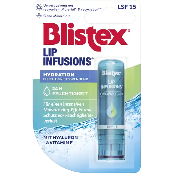 Blistex Lip Infusion Hydration: Цвет: Produktbeschreibung und details Fr Lippen die ein Mehr an Feuchtigkeit und Pflege bentigen gibt es jetzt mit Lip Infusions eine neue PflegeLinie von Blistex Lip Infusions Hydration ist die besonders intensive Feuchtigkeitspflege die die zarte Lippenhaut bis zu  Stunden hydratisiert Die spezielle Pflegeformel mit Hyaluronsure in Form von Hyaluronic Filling SpheresTM sorgt fr eine intensive Feuchtigkeitsversorgung der Lippen da sie wie ein Schwamm die zugefhrte Feuchtigkeit aufnehmen und langanhaltend speichern kann Die Lippenhaut wird so nachhaltig vor Feuchtigkeitsverlust geschtzt Fr ein ultraleichtes und samitigweiches Hautgefhl Hautvertrglichkeit dermatologisch getestet mit Lichtschutzfaktor  mit hydriertem Kokosnussl natrlichem Bienen und Carnaubawachs sowie Vitamin F mit erfrischendem ZitrusDuft ohne Mineralle Kontaktdaten delta pronatura Egelsbach Deutschland wwwblistexde UrsprungslandHerkunftsort Made in USA Anwendung und Gebrauch Mindestens  Minuten vor dem Aufenthalt im Freien auftragen Bei lngerem Aufenthalt hufiger auftragen Inhaltsstoffe Hydrogenated Coconut Oil Euphorbia Cerifera Candelilla Wax Homosalate Cera Alba Phenyl Trimethicone Ethylhexyl Salicylate BisDiglyceryl Polyacyladipate Dimethicone C CholesterolLanosterol Esters Ethylhexyl Palmitate Aroma Tocopheryl Acetate Alumina Arachidyl Alcohol Arachidyl Glucoside Behenyl Alcohol Butylene Glycol CaprylicCapric Triglyceride Citral Copernicia Cerifera Carnauba Wax Limonene Linoleic Acid Linolenic Acid Phenoxyethanol Polyhydroxystearic Acid Saccharin Silica Dimethyl Silylate Sodium Hyaluronate Stearic Acid Tocopherol CI
https://www.rossmann.de/de/pflege-und-duft-blistex-lip-infusion-hydration/p/4008455013510