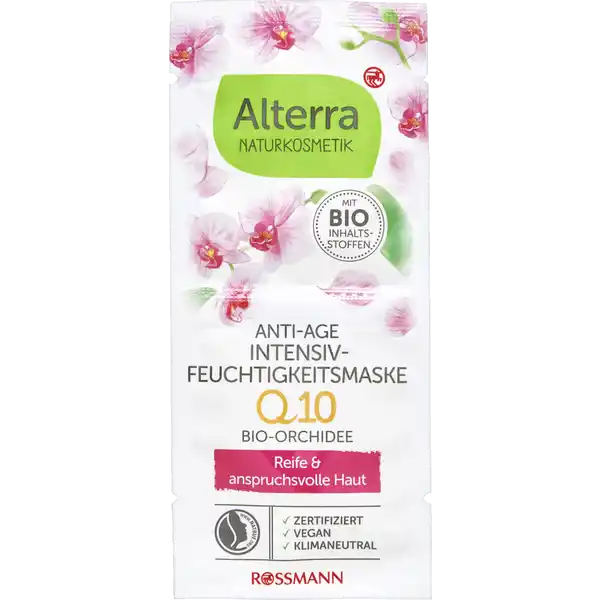 Alterra NATURKOSMETIK Anti-Age Intensiv-Feuchtigkeitsmaske Q10 Bio Orchidee: Цвет: Produktbeschreibung und details Macht aus trockener Haut glckliche Haut Unsere Alterra Anti  Age Maske mit Bio  Orchideenextrakt BioArganl BioSheabutter und naturidentischem Q ist die ideale pflanzliche Vitalisierung Weiterfhrende Informationen zum Thema Klimaneutralitt finden Sie unter rossmanndeklimaneutral und unter climatepartnercom Kontaktdaten Dirk Rossmann GmbH Isernhgener Str   Burgwedel wwwrossmannde   Testurteile Qualittssiegel ampamp Verbandszeichen Anwendung und Gebrauch Die Alterra Gesichtsmaske  bis  mal wchentlich etwa  Millimeter dick auf die gereinigte Haut von Gesicht Hals und Dekollet auftragen Augenpartie bitte aussparen circa  bis  Minuten einwirken lassen und die Reste einmassieren oder mit einem Kosmetiktuch abnehmen Inhaltsstoffe AQUA HELIANTHUS ANNUUS SEED OIL GLYCERIN ALCOHOL CETYL ALCOHOL COCOCAPRYLATE GLYCERYL STEARATE CITRATE THEOBROMA CACAO SEED BUTTER HYDROGENATED VEGETABLE GLYCERIDES TOCOPHEROL ARGANIA SPINOSA KERNEL OIL BETAINE BUTYROSPERMUM PARKII BUTTER GLYCINE SOJA OIL ORCHID EXTRACT UBIQUINONE XANTHAN GUM SODIUM LEVULINATE PARFUM LEVULINIC ACID SODIUM ANISATE LIMONENE LINALOOL GERANIOL aus kontrolliert biologischem Anbau aus natrlichen therischen len
https://www.rossmann.de/de/pflege-und-duft-alterra-naturkosmetik-anti-age-intensiv-feuchtigkeitsmaske-q10-bio-orchidee/p/4305615826684