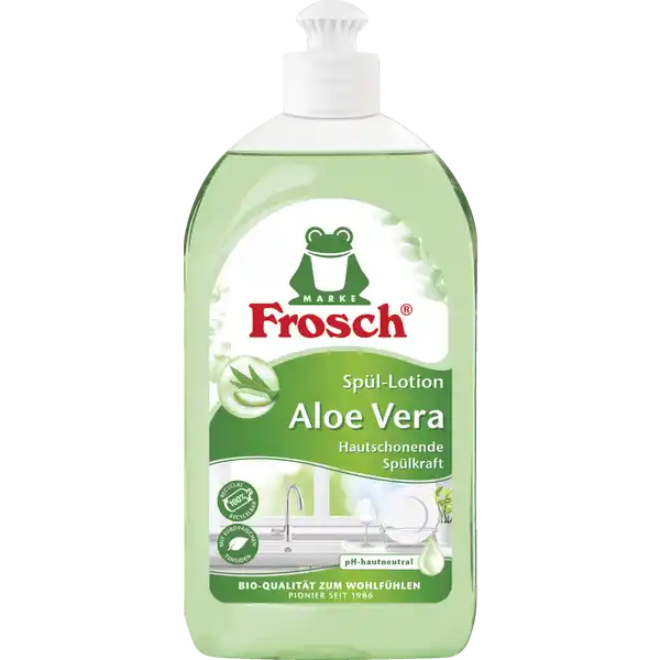 Frosch Aloe Vera SplLotion: Цвет: Produktbeschreibung und details Die Frosch Aloe Vera SplLotion kombiniert hautpflegende Eigenschaften und optimale Fett und Schmutzlsekraft durch pflanzliche Tenside  mit Aloe VeraExtrakt Die Rezeptur sorgt somit fr glnzend sauberes Geschirr Die Hautvertrglichkeit der pHhautneutralen Frosch Aloe Vera SplLotion die das Feuchtigkeitsgleichgewicht der Haut erhlt wurde dermatologisch besttigt Kontaktdaten ErdalRex GmbH Rheinallee   Mainz wwwerdalde Verbraucherberatung   oder   UrsprungslandHerkunftsort Deutschland Anwendung und Gebrauch Dosierung auf  L Wasser wenig verschmutzt  ml verschmutzt  ml Gebrauch Aufbewahrung und Verwendung Aufbewahrungs und Verwendungsbedingungen Auer Reichweite von Kindern aufbewahren Inhaltsstoffe    anionische Tenside weniger als  nichtionische Tenside amphotere Tenside Konservierungsmittel Lactic Acid Duftstoffe Weitere Inhaltsstoffe Aloe Vera Barbadensis in geringen Mengen Lebensmittelfarbstoffe
https://www.rossmann.de/de/haushalt-frosch-aloe-vera-spuel-lotion/p/4001499944536