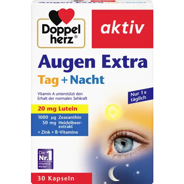 Doppelherz aktiv Augen Extra Tag + Nacht: Цвет: https://www.rossmann.de/de/gesundheit-doppelherz-aktiv-augen-extra-tag--nacht/p/4009932138382
Produktbeschreibung und details Das Auge ist eines der erstaunlichsten Organe des menschlichen Krpers und ist Tag und Nacht gefordert Arbeiten am Computer hufiges Fernsehen und nchtliche Autofahrten sind besonders anstrengend fr das Auge Fr die Gesundheit den Erhalt der Sehfunktion sowie die Sehkraft des Auges bei Tag und Nacht spielen verschiedene Faktoren eine Rolle Hierzu zhlt auch die gute Versorgung mit Nhrstoffen Lutein und Zeaxanthin kommen in pflanzlichen Lebensmitteln z B grnem Gemse vor Sie sind pflanzliche Carotinoide die zur Gruppe der sekundren Pflanzenstoffe gehren Der sogenannte Gelbe Fleck der Netzhaut enthlt eine hohe Konzentration an Lutein und Zeaxanthin Er liegt in der Mitte des Augenhintergrundes Heidelbeeren sind eine beliebte Beerensorte fr die menschliche Ernhrung Vitamin A und Zink als Beitrag fr den Erhalt der Sehkraft  bei Tag und Nacht mit  mg Lutein  mg Zeaxanthin und Heidelbeerextrakt nur  x tglich Lebensmittelunternehmer Name Queisser Pharma GmbH ampamp Co KG Adresse Schleswiger Str   Flensburg wwwdoppelherzde Rechtlich vorgeschriebene Produktbezeichnung Kapseln mit Vitaminen Spurenelementen Lutein Zeaxanthin und Heidelbeerextrakt Nahrungsergnzungsmittel Zutaten LAscorbinsure Olivenl Gelatine Rind Kokosl Heidelbeerfrchteextrakt lutein und zeaxanthinhaltiges Konzentrat aus Studentenblumen Feuchthaltemittel Glycerin DLalphaTocopherylacetat Feuchthaltemittel Sorbit Emulgator Lecithine  SOJA  Emulgator Mono und Diglyceride von Speisefettsuren Zinkoxid Pyridoxinhydrochlorid Farbstoff Eisenoxide und Eisenhydroxide Retinylpalmitat Kupfersulfat Pteroylmonoglutaminsure Cyanocobalamin Nhrwerte Durchschnittliche Nhrwertangaben pro  Portion  Kapsel NRV Zink  mg   Kupfer  mg   Vitamin A  g   Vitamin E  mg   Vitamin C  mg   Vitamin B  mg   Folsure  g   Vitamin B  g   Anwendung und Gebrauch Tglich  Kapsel mit etwas Flssigkeit unzerkaut einnehmen Nach monatiger Einnahme wird eine Einnahmepause empfohlen Weitere luteinhaltige Nahrungsergnzungsmittel sollten nicht eingenommen werden Ab einer Menge von  mg Zink pro Tag sollte auf die Einnahme weiterer zinkhaltiger Nahrungsergnzungsmittel verzichtet werden Gebrauch Aufbewahrung und Verwendung Aufbewahrungs und Verwendungsbedingungen Trocken und nicht ber C lagern Warnhinweise und wichtige Hinweise Warnhinweise Die angegebene empfohlene tgliche Verzehrsmenge darf nicht berschritten werden Nahrungsergnzungsmittel sind kein Ersatz fr eine ausgewogene und abwechslungsreiche Ernhrung und gesunde Lebensweise Fr kleine Kinder unzugnglich aufbewahrenNicht fr Kinder Jugendliche Schwangere und Stillende geeignet