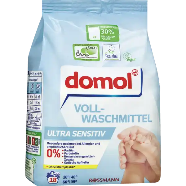 domol Vollwaschmittel Ultra Sensitiv Pulver 18 WL: Цвет: https://www.rossmann.de/de/haushalt-domol-vollwaschmittel-ultra-sensitiv-pulver-18-wl/p/4305615698052
Produktbeschreibung und details Freuen Sie sich auf frische Wsche fr Ihre empfindliche HautDas domol Vollwaschmittel Ultra Sensitiv kombiniert eine hervorragende Waschkraft mit reduziertem Allergierisiko und untersttzt eine Verringerung der Umweltbelastung Die parfmfreie und besonders hautfreundliche Rezeptur wurde vom Deutschen Allergie und Asthmabund e Vgetestet und empfohlen besonders geeignet bei Allergie und empfindlicher Haut mit kraftvollem EnzymMix fr tiefenwirksame Reinigung mit AntiGrauschleierEffekt fr strahlend weie Wsche fasertiefe Reinheit bereits ab C  Parfm Farbstoffe Konservierungsstoffe optische Aufheller vegan Rezeptur ohne Mikroplastik nach ECHA Definition Kontaktdaten Dirk Rossmann GmbH Isernhgener Str   Burgwedel wwwrossmannde     UrsprungslandHerkunftsort Dnemark Testurteile Qualittssiegel ampamp Verbandszeichen Anwendung und Gebrauch Sortierung und Waschmittelwahl Die Pflegehinweise in den Textilien beachten und die Wsche nach Farbe Verschmutzungsgrad und Temperatur sortieren Neue farbige Textilien knnen ausfrben daher zunchst auf Farbechtheit berprfen und separat bei max C waschen Fr bunte Textilien empfehlen wir domol Colorwaschmittel Ultra Sensitiv Nicht fr Wolle und Seide geeignet Hierfr empfehlen wir ein Wollwaschmittel Hartnckige Flecken bei Bedarf vorbehandeln Befllung und Dosierung Mit mglichst niedriger Temperatur waschen aktiv bereits ab C Fr leicht verschmutzte Wsche ein Kurzwaschprogramm und fr stark verschmutzte Wsche hhere Temperaturen whlen max C Gem Wasserhrte Verschmutzungsgrad und Beladung der Waschmaschine dosieren siehe Dosiertabelle und die empfohlene Beladungsmenge des Gerteherstellers beachten domol Vollwaschmittel Ultra Sensitiv ausschlielich ber die Einsplkammer dosieren Eine GratisDosierhilfe erhalten Sie ber das kostenlose InfoTelefon  oder per EMail servicerossmannde Die Wasserhrte ist bei Ihrem rtlichen Wasserwerk in Erfahrung zu bringen Inhaltsstoffe   Zeolithe Bleichmittel auf Sauerstoffbasis   nichtionischeTenside unter  Seife Polycarboxylate Enzyme Subtilisin AmylaseCellulase Mannanase Lipase Pectate Lyase Warnhinweise und wichtige Hinweise Warnhinweise ACHTUNG Verursacht schwere Augenreizung Ist rztlicher Raterforderlich Verpackung oder Kennzeichnungsetikett bereithalten Darf nicht in die Hnde von Kindern gelangen BEI KONTAKT MIT DEN AUGEN Einige Minuten lang behutsam mit Wasser splen Eventuell vorhandene Kontaktlinsen nach Mglichkeit entfernen Weiter splen Bei anhaltender Augenreizung rztlichen Rat einholenrztliche Hilfe hinzuziehen Detergenzienblatt Detergenzienblatt Laden Sie das Dokument zum Produkt als PDF herunter