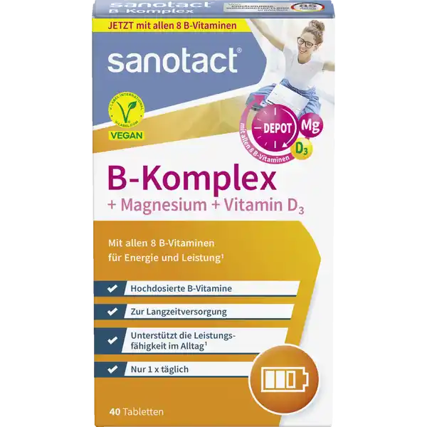 sanotact® sanotact B-Komplex + Magnesium + Vitamin D3 Tabletten: Цвет: https://www.rossmann.de/de/gesundheit-sanotact-sanotact-b-komplex--magnesium--vitamin-d3-tabletten/p/4003087441151
Produktbeschreibung und details Die Anforderungen des Alltags sind fr jeden von uns vielfltig und verlangen unserem Krper und Geist einiges ab Die berwiegende Verrichtung von Ttigkeiten in geschlossenen Rumen kann zudem einen Mangel an natrlichem Sonnenlicht begnstigen  wir fhlen uns hufig mde Regelmige Bewegung Achtsamkeit und Entspannung sowie eine abwechslungsreiche und ausgewogene Ernhrung knnen dazu beitragen einen vollen Terminkalender gelassen zu meistern sanotact BKomplex  Magnesium  Vitamin D Tabletten kombinieren ausgewhlte BVitamine und Magnesium um Mdigkeit und Erschpfung zu verringern Zusammen mit dem pflanzlichen Vitamin D untersttzten sie so die Leistungsfhigkeit im Alltag Pantothensure Niacin Vitamin B B B und Magnesium tragen zu einer Verringerung von Mdigkeit und Ermdung sowie zu einem normalen Energiestoffwechsel bei Folsure trgt zu einer normalen psychischen Funktion bei und hilft ebenfalls bei der Verringerung von Mdigkeit und Ermdung Pantothensure untersttzt die normale geistige Leistung Die Vitamine B B B B Niacin und Magnesium leisten einen Beitrag zur normalen Funktion des Nervensystems Vitamin D trgt zu einer normalen Funktion des Immunsystems bei die IntensivFormel mit  BVitaminen zur Reduktion von Mdigkeit DepotWirkung zur Langzeitversorgung mit pflanzlichem Vitamin D und Magnesium hochdosierte BVitamine untersttzt die Leistungsfhigkeit im Alltag Lebensmittelunternehmer Name sanotact GmbH Adresse Hessenweg   Mnster Deutschland wwwsanotactde Testurteile Qualittssiegel ampamp Verbandszeichen Rechtlich vorgeschriebene Produktbezeichnung Nahrungsergnzungsmittel mit BVitaminen Vitamin D und Magnesium Zutaten Magnesiumoxid Fllstoff Calciumcarbonat Fllstoff Sorbitol Nicotinamid Fllstoff Hydroxypropylmethylcellulose Fllstoff mikrokristalline Cellulose Maltodextrin CalciumDpantothenat ganz gehrtetes pflanzliches Fett Raps Schaumverhter Polyethylenglycol Pyridoxinhydrochlorid Vitamin B Riboflavin Vitamin B Thiaminmononitrat Vitamin B Trennmittel Magnesiumsalze der Speisefettsuren Pteroylmonoglutaminsure Folsure DBiotinCyanocobalamin Vitamin B Cholecalciferol Vitamin D Nhrwerte Durchschnittliche Nhrwertangaben pro  Portion pro Tablette Tagesdosis Referenzwert NRV Referenzmenge nach EULebensmittelinformationsverordnung NRV Magnesium  mg   Vitamin D  g   Vitamin B Thiamin  mg   Vitamin B Riboflavin  mg   Niacin  mg   Vitamin B  mg   Folsure  g   Vitamin B  g   Biotin  g   Pantothensure  mg   Anwendung und Gebrauch  Tablette tglich mit reichlich Flssigkeit einnehmen Gebrauch Aufbewahrung und Verwendung Aufbewahrungs und Verwendungsbedingungen Unter C trocken und vor Licht geschtzt lagern Auerhalb der Reichweite von kleinen Kindern aufbewahren Warnhinweise und wichtige Hinweise Warnhinweise Die angegebene empfohlene tgliche Verzehrmenge darf nicht berschritten werden Nahrungsergnzungsmittel sollten nicht als Ersatz fr eine ausgewogene und abwechslungsreiche Ernhrung sowie eine gesunde Lebensweise dienen