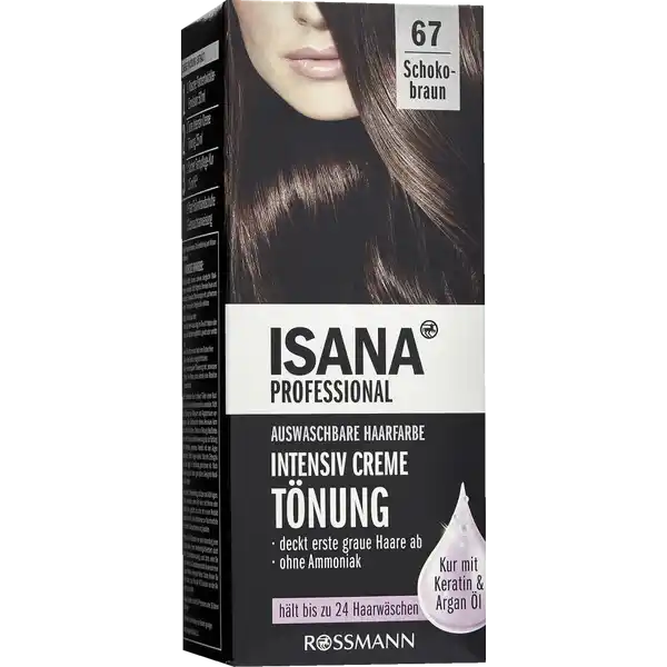 ISANA PROFESSIONAL Intensiv Creme Tnung  Schokobraun: Цвет: https://www.rossmann.de/de/pflege-und-duft-isana-professional-intensiv-creme-toenung-67-schokobraun/p/4305615466101
Produktbeschreibung und details Die Intensiv Creme Tnung ohne Ammoniak fr ein natrliches Farbergebnis mit schimmernden Farbreflexen Die hochwertige FarbpflegeKur mit Keratin und BioArganl schtzt und pflegt das Haar und verwhnt es mit einem fruchtigen Duft fr einen weichen bergang zur natrlich nachwachsenden Haarfarbe Wirkformel mit Keratin Bausteinen und Bienenwachs  FarbpflegeKur hlt bis zu  Haarwschen ohne Ammoniak deckt erste graue Haare schonend ab diese Rezeptur ist zu   ohne Mikroplastik Kontaktdaten Dirk Rossmann GmbH Isernhgener Strae   Burgwedel wwwrossmannde   UrsprungslandHerkunftsort Deutschland Anwendung und Gebrauch Mischen auftragen Nach  Min Einwirkzeit aussplen  Fertig Empfehlung Bei langem Haar bitte  Packungen verwenden Gebrauch Aufbewahrung und Verwendung Aufbewahrungs und Verwendungsbedingungen Vor starker Licheinwirkung schtzen und khl lagern Inhaltsstoffe Intensiv Creme Tnung Aqua Cetearyl Alcohol Ethanolamine Laureth Sodium Laureth Sulfate Glyceryl Stearate SE TolueneDiamine Sulfate Sodium Sulfate Methylresorcinol DecyltetradecanolSodium Lauryl Sulfate Cera Alba Sodium Sulfite Parfum Ascorbic Acid AminoChloroNitrophenol Etidronic Acid Hydrolyzed Keratin AminoHydroxytoluene HydroxyethylMethylenedioxyaniline HCI Sodium Hydroxide FarbentwicklerEmulsion Aqua Cetearyl Alcohol Hydrogen Peroxide Lanolin Alcohol Sodium Lauryl Sulfate Salicylic Acid Disodium Phosphate Phosphoric Acid Etidronic Acid Tocopherol FarbpflegeKur Aqua Cetearyl Alcohol Distearoylethyl Hydroxyethylmonium Methosulfate Isopropyl Myristate Behentrimonium Chloride Cetrimonium Chloride Phenoxyethanol Panthenol Glycerin Quaternium Hydrolyzed Keratin Parfum Argania Spinosa Kernel Oil Dimethicone Isopropyl Alcohol Tocopherol Propylene Glycol Citric Acid Potassium Sorbate Warnhinweise und wichtige Hinweise Warnhinweise Enthlt Phenylediamine Toluylendiamine Resorcin und WasserstoffperoxidHaarfrbemittel knnen schwere allergische Reaktionen hervorrufen Bitte folgende Hinweise lesen und beachten Temporre Ttowierungen mit quotschwarzem Hennaquot knnen das Allergierisiko erhhenFrben Sie Ihr Haar nicht wenn Sie einen Ausschlag im Gesicht haben oder wenn Ihre Kopfhaut empfindlich gereizt oder verletzt ist wenn Sie schon einmal nach dem Frben Ihres Haares eine Reaktion festgestellt haben wenn eine temporre Ttowierung mit quotschwarzem Hennaquot bei Ihnen schon einmal eine Reaktion verursacht hat Bitte konsultieren Sie in diesen Fllen einen Hautarzt bevor Sie eine Haarcoloration anwenden Nicht zur Frbung von Wimpern und Augenbrauen verwenden Das Nichtbeachten dieses Hinweises kann zum Erblinden fhren Nicht zur Frbung des Bartes und nicht fr eine andere Anwendung als zur Frbung der Kopfhaare anwenden Kontakt mit den Augen vermeiden Sofort Augen splen falls das Erzeugnis mit den Augen in Berhrung gekommen ist Nach Anwendung die Haare gut splen Geeignete Handschuhe tragenNicht anwenden wenn Ihr Haar mit Henna oder Metallsalzen gefrbt ist oder mit einem anderen Produkt behandelt wurde das schrittweise zur Naturhaarfarbe zurckfhrt Gebrauchsanweisung beachtenFhren Sie  Stunden vor jeder Anwendung einer Haarcoloration einen Hautvertrglichkeitstest durch siehe Gebrauchsanweisung auch dann wenn Sie zuvor bereits ein Colorationsprodukt dieser oder einer anderen Marke verwendet haben Daher denken Sie daran das Produkt  Stunden vor der Anwendung zu kaufenDieses Produkt ist nicht fr Personen unter  Jahren bestimmt Darf nicht in die Hnde von Kindern gelangen