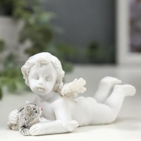 Сувенир полистоун "Белоснежный ангел с цветным полосатым котиком" 5х4,5х9,6 см: 