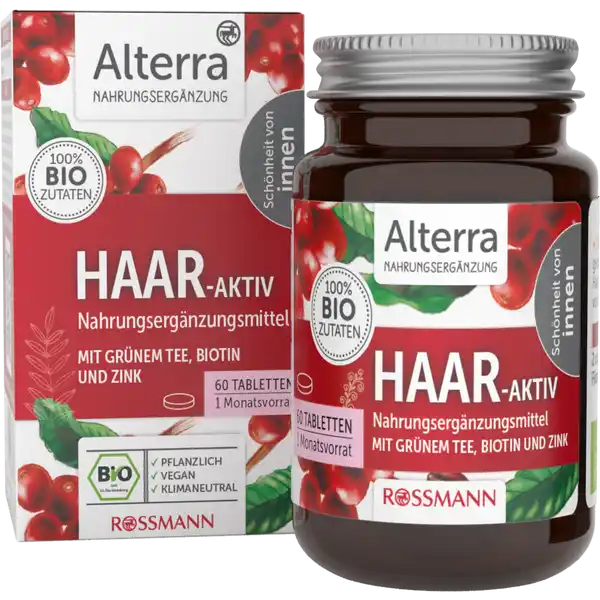 Alterra NATURKOSMETIK Haar-Aktiv: Цвет: Produktbeschreibung und details BONJOUR SCHNES HAAR Eine echte Traumkombination Durch die Einnahme des HaarAktiv  KollagenBoost als Nahrungsergnzungsmittel und der gleichzeitigen Anwendung unserer Haarpflegeprodukte leben Sie wahre Achtsamkeit  fr die Schnheit Ihrer Haare von innen und auen Biotin trgt zur Erhaltung normaler Haare und Haut bei Selen trgt zur Erhaltung normaler Haare und Ngel bei Vitamin C trgt zur normalen Kollagenbildung fr eine normale Funktion der Haut bei Selen und Vitamin C tragen dazu bei die Zellen vor oxidativem Stress zu schtzen Natrlich bist Du schn   pflanzliche Zutaten ausschlielich aus kontrolliert biologischem Anbau glutenfrei natrlicher Geschmack Tabletten sind ohne berzugsmittel Weiterfhrende Informationen zum Thema Klimaneutralitt finden Sie unter rossmanndeklimaneutral und unter climatepartnercom Lebensmittelunternehmer Name Dirk Rossmann GmbH Adresse Isernhgener Str   Burgwedel wwwrossmannde Bio Zertifikat DEKO UrsprungslandHerkunftsort NichtEULandwirtschaft Testurteile Qualittssiegel ampamp Verbandszeichen Rechtlich vorgeschriebene Produktbezeichnung BioNahrungsergnzungsmittel mit Kieselsure aus BioBambus Selen aus BioSenfkrnern Biotin aus BioBasilikum und BioSonnenblumenkernen und Vitamin C aus BioAcerola Zutaten ACEROLAPULVER  MALTODEXTRIN BAMBUSSPROSSENEXTRAKT SENFKRNEREXTRAKT MITTELKETTIGE TRIGLYCERIDE MCTL AUS KOKOS BASILIKUMBLATTEXTRAKT SONNENBLUMENKERNEXTRAKT  AUS KONTROLLIERT BIOLOGISCHEM ANBAU Nhrwerte Durchschnittliche Nhrwertangaben pro  Portion NRV Selen  g   Vitamin C  mg   Biotin  g Anwendung und Gebrauch  x tglich  Tablette   mg mit gengend Flssigkeit einnehmen Gebrauch Aufbewahrung und Verwendung Aufbewahrungs und Verwendungsbedingungen Trocken und vor Licht geschtzt lagern Auerhalb der Reichweite von kleinen Kindern lagern Warnhinweise und wichtige Hinweise Warnhinweise Die angegebene empfohlene tgliche Verzehrmenge darf nicht berschritten werden Nahrungsergnzungsmittel sollten nicht als Ersatz fr eine ausgewogene und abwechslungsreiche Ernhrung und fr eine gesunde Lebensweise verwendet werden
https://www.rossmann.de/de/gesundheit-alterra-naturkosmetik-haar-aktiv/p/4305615943985