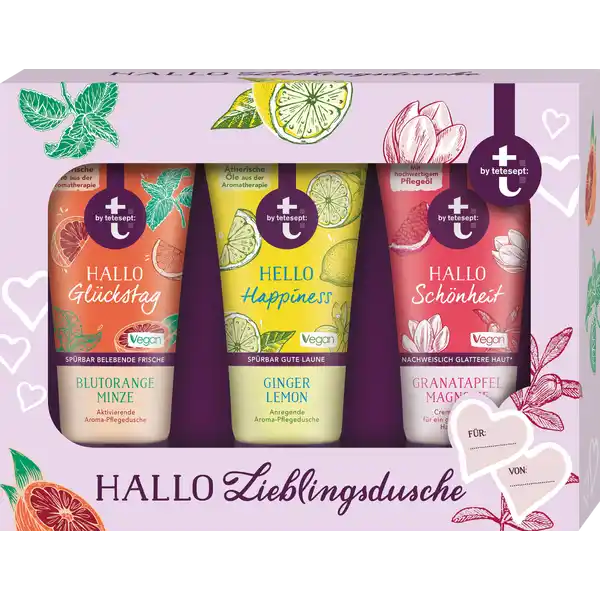 t by tetesept Geschenkset Hallo Lieblingsdusche: Цвет: Produktbeschreibung und details zum Verlieben Duschgenuss fr Haut und Sinne Qualittsversprechen nach aktuellen wissenschaftlichen Erkenntnissen entwickelt und geprft frei von Minerallen Paraffinen ampamp Silikonen pHhautneutral alkaliseifenfrei Hautvertrglichkeit dermatologisch besttigt fur Veganer geeignet das Set besteht aus Hallo Glckstag Aromadusche Blutorange Minze  ml Hallo Happiness Aromadusche Ginger Lemon  ml und Hallo Schnheit Cremedusche Granatapfel Magnolie  ml Kontaktdaten tetesept pharma gmbh  Frankfurt wwwtbyteteseptde UrsprungslandHerkunftsort Deutschland Gebrauch Aufbewahrung und Verwendung Aufbewahrungs und Verwendungsbedingungen Fr Kinder unzugnglich aufbewahren Inhaltsstoffe HALLO GLCKSTAG AQUA SODIUM LAURETH SULFATE GLYCERIN COCAMIDOPROPYL BETAINE COCOGLUCOSIDE PANTHENOL CITRUS SINENSIS PEEL OIL EXPRESSED CITRUS RETICULATA PEEL OIL MENTHA ARVENSIS LEAF OIL CITRUS LIMON PEEL EXTRACT TOCOPHEROL HYDROXYPROPYL GUAR HYDROXYPROPYLTRIMONIUM CHLORIDE HYDROGENATED VEGETABLE GLYCERIDES CITRATE PEG GLYCERYL OLEATECOCOATE SODIUM BENZOATE POTASSIUM SORBATE DISODIUM EDTA CITRIC ACID PARFUM CITRAL GERANIOL HEXYL CINNAMAL LIMONENE CI  HALLO HAPPINESS AQUA SODIUM LAURETH SULFATE GLYCERIN COCAMIDOPROPYL BETAINE COCOGLUCOSIDE GLYCERYLOLEATE PANTHENOL ZINGIBER OFFICINALE ROOT OIL CITRUS LIMON PEEL OIL CITRUS SINENSIS PEEL OIL EXPRESSED CITRUS AURANTIFOLIA OIL LITSEA CUBEBA FRUIT OIL EUCALYPTUS GLOBULUS LEAF OIL TOCOPHEROL HYDROXYPROPYL GUAR HYDROXYPROPYLTRIMONIUM CHLORIDE HYDROGENATED VEGETABLE GLYCERIDES CITRATE PEG GLYCERYL OLEATECOCOATE SODIUM BENZOATE POTASSIUM SORBATE DISODIUM EDTA CITRIC ACID PARFUM CITRAL EUGENOL GERANIOL LIMONENE LINALOOL CI  CI  HALLO SCHNHEIT AQUA HELIANTHUS ANNUUS SEED OIL SODIUM TRIDECETH SULFATE GLYCERIN MARIS SAL SODIUM LAUROAMPHOACETATE COCAMIDOPROPYL BETAINE COCAMIDE MEA PANTHENOL PUNICA GRANATUM FRUIT EXTRACT MICHELIA ALBA FLOWERS OIL TOCOPHEROL HYDROXYPROPYL GUAR HYDROXYPROPYLTRIMONIUM CHLORIDE HYDROGENATED PALM GLYCERIDES CITRATE GLYCINE SOJA OIL CYAMOPSIS TETRAGONOLOBA GUM PROPYLENE GLYCOLE CITRIC ACID SODIUM BENZOATE POTASSIUM SORBATE DISODIUM EDTA SODIUM CHLORIDE PARFUM BENZYL ALCOHOL GERANIOL LINALOOL CI  Warnhinweise und wichtige Hinweise Warnhinweise Kosmetikprodukt nicht einnehmen
https://www.rossmann.de/de/pflege-und-duft-t-by-tetesept-geschenkset-hallo-lieblingsdusche/p/4008491473811