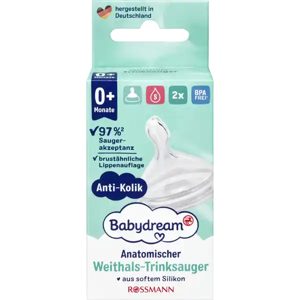 Babydream Weithals-Trinksauger Gr. S 0+ Monate: Цвет: Produktbeschreibung und details Als Mutter wissen Sie Stillen ist das Beste fr Ihr Kind Babynahrung sollte nur wie vom Hersteller empfohlen zubereitet und gefttert werden Unser Babydream WeithalsTrinksauger in anatomicher Form passt auf alle Babydream und NUKWeithalsflaschen auer Nature Sense Dicker Saugerrand Der extradicke Saugerrand sorgt fr eine gute Abdichtung der Flasche Schrauben Sie den Ring bitte fest genug zu um das Austreten von Flssigkeiten zu vermeiden Anti Kolik Das Ventil unseres Babydream Trinksaugers sorgt fr einen Druckausgleich beim Trinken und vermindert so die Gefahr von Suglingskoliken durch schdliches Luftschlucken verschiedene Gren des Trinksaugers S fr Muttermilch Tee Anfangsnahrung oder dnnflssige Sfte anatomisch Anti Kolik aus Silikon dieser Babydream Artikel entspricht der EN  ber  Saugerakzeptanz NOVATEX Produkttest   n  von  der Babys akzeptierten den Sauger Kontaktdaten Dirk Rossmann GmbH Isernhgener Strae   Burgwedel wwwrossmannde Anwendung und Gebrauch So reinigen Sie den Trinksauger Vor dem ersten Gebrauch Kochen Sie Sauger Flasche und Flaschenzubehr  Minuten lang ausund achten Sie dabei immer auf ausreichend Wasser im Topf um Materialschden zu vermeiden Dampfkochtopf Mikrowellengert und Geschirrsplmaschine sind fr das Reinigen und Auskochen nicht geeignet Vor jeder Benutzung Reinigen Sie Sauger Flasche und Flaschenzubehr grndlich unter flieendem warmem Wasser oder mit handelsblichem Splmittel Regelmig Kochen Sie Sauger Flasche und Flaschenzubehr wie oben beschrieben ca  Minuten lang aus Gebrauch Aufbewahrung und Verwendung Aufbewahrungs und Verwendungsbedingungen Bitte wechseln Sie den Sauger nach ein bis zweimonatigem Gebrauch aus hygienischen und Sicherheitsgrnden aus Bitte Produkt und Gebrauchshinweise aufbewahren Fr den Reklamationsfall Anschrift ArtNr EANCode und Verpackung aufbewahren Warnhinweise und wichtige Hinweise Warnhinweise Zur Sicherheit und Gesundheit Ihres Kindes ACHTUNG Dieses Produkt darf nur unter Aufsicht von Erwachsenen verwendet werden Ernhrungssauger drfen niemals als Schnuller verwendet werden Andauerndes und lngeres Saugen von Flssigkeiten verursacht Karies Zahnfule Das gilt besonders fr geste Getrnke bzw Nahrung saure Fruchtund Gemsesfte Sauger nicht in Medizin tauchen Immer die Temperatur des Nahrungsmittels vor dem Fttern berprfen Bewahren Sie alle nicht verwendeten Einzelteile unbedingt auerhalb der Reichweite von Kindern auf Kleinteile wie zB die Dichtscheibe und der Trinksauger knnten verschluckt werden bzw zu Erstickungsgefahr fhren Schrauben Sie den Ring immer fest genug zu um das Austreten von Flssigkeit zu vermeiden Ihr Kind knnte durch intensives Saugen den Trinksauger aus dem Ring ziehen  hier droht Erstickungsgefahr Prfen Sie Sauger und Flasche vor jedem Gebrauch Ziehen Sie den Sauger vor dem Gebrauch in alle Richtungen um sich von ausreichender Reifestigkeit zu berzeugen Nicht im direkten Sonnenlicht in der Wrme oder lngere Zeit in einer desinfizierenden Lsung belassen  Materialschden knnen die Folge sein Tauschen Sie den Sauger bei erstem Auftreten von Gebrauchsspuren sofort aus Risse Bissspuren Klebrigkeit oder Formvernderung knnten zum Ablsen und Verschlucken von Teilen fhren Wechseln Sie den Sauger in jedem Fall nach ein bis zweimonatigem Gebrauch aus hygienischen und Sicherheitsgrnden aus Trinkflaschen knnen Kratzer oder Risse aufweisen evtl knnten diese aufbrechen  Verletzungsgefahr Tauschen Sie die Flasche aus Erhitzen Sie keinesfalls mit Nahrung gefllte verschlossene Flaschen in der Mikrowelle  hier droht Explosionsgefahr und Materialschden knnen die Folge sein Der Flascheninhalt knnte sich explosionsartig freisetzen Durch ungleichmiges Erhitzen besteht Verbrhungsgefahr
https://www.rossmann.de/de/baby-und-spielzeug-babydream-weithals-trinksauger-gr-s-0-monate/p/4305615696744