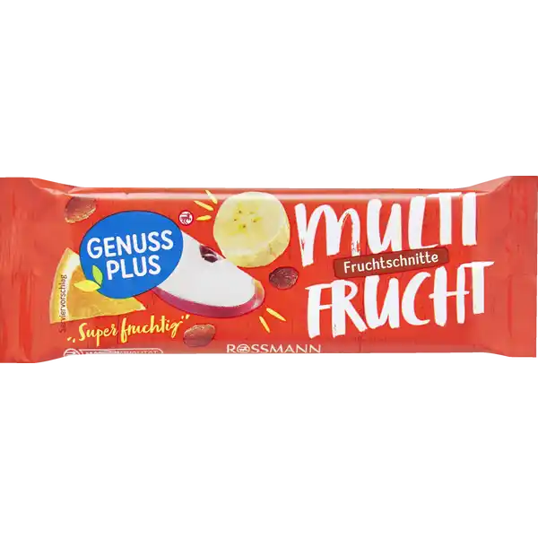 GENUSS PLUS Fruchtschnitte Multifrucht: Цвет: Produktbeschreibung und details Bist du auf der Suche nach einem idealen Energielieferanten Probier unsere fruchtigsen Riegel einfach mmmmmmmmmmmhhhh Lebensmittelunternehmer Name Dirk Rossmann GmbH Adresse Isernhgener Strae   Burgwedel wwwrossmannde Rechtlich vorgeschriebene Produktbezeichnung FRUCHTRIEGEL TYP MULTIFRUCHT AUF APFELSULTANINENBASIS MIT  FRUCHTANTEIL Zutaten  Sultaninen  getrocknete pfel VOLLKORNHAFERFLOCKEN  Oligofructose  Apfelsaftkonzentrat  getrocknete und gezuckerte Bananenstcke  Banane Kokosnussl Zucker natrliches Aroma Honig Cornflakes Mais Salz GERSTENMALZEXTRAKT   Orangensaftkonzentrat Palmfett Oblate Kartoffelstrke Olivenl  Apfelpree natrliche Aromen Kann Spuren von ERDNSSEN  SOJA MILCH  SCHALENFRCHTEN und SESAMSAMEN enthalten Nhrwerte Durchschnittliche Nhrwertangaben pro  g pro  Portion  Riegel  g Energie  kj   kcal  kj   kcal Fett  g  g davon  gesttigte Fettsuren  g  g Kohlenhydrate  g  g davon  Zucker  g  g Ballaststoffe  g  g Eiwei  g  g Salz  g  g Gebrauch Aufbewahrung und Verwendung Aufbewahrungs und Verwendungsbedingungen Trocken und vor Wrme geschtzt lagern
https://www.rossmann.de/de/lebensmittel-genuss-plus-fruchtschnitte-multifrucht/p/4305615892641