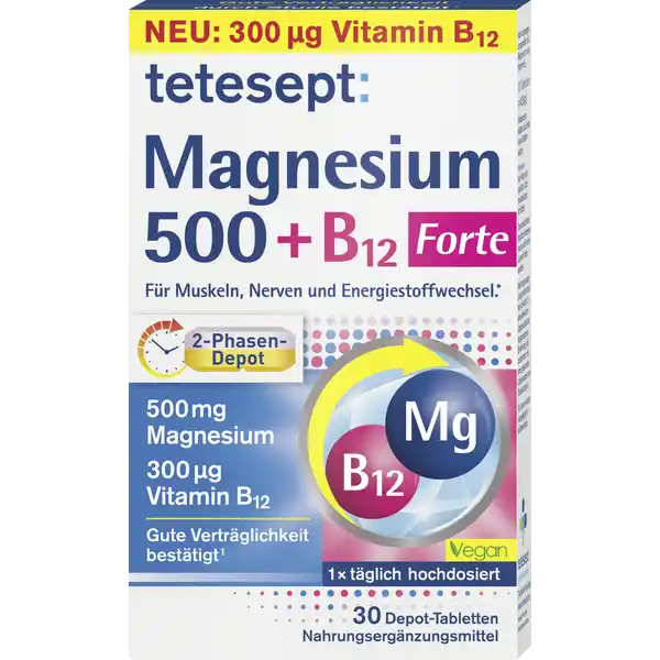 tetesept Magnesium 500 + B12 Forte: Цвет: https://www.rossmann.de/de/gesundheit-tetesept-magnesium-500--b12-forte/p/4008491101905
Produktbeschreibung und details Hohe Belastung in Alltag Beruf und Sport knnen den Bedarf an Nhrstoffen erhhen Magnesium und Vitamin B sind zwei essentielle Nhrstoffe fr die krperliche und mentale Gesundheit tetesept Magnesium B PhasenDepot aus hoch dosiertem Magnesium und Vitamin B trgt bei zu einer normalen Muskelfunktion dank Magnesium zu einer normalen Funktion des Nervensystems dank Magnesium und Vitamin B zur Verringerung von Mdigkeit und Erschpfung dank Magnesium und Vitamin B zu einem normalen Energiestoffwechsel dank Magnesium und Vitamin B laktosefrei glutenfrei vegan Kontaktdaten Merz Consumer Care GmbH Eckenheimer Landstrae   Frankfurt am Main wwwteteseptde Zutaten Magnesiumoxid Fllstoffe Mikrokristalline Cellulose Hydroxypropylmethylcellulose Natriumcarboxymethylcellulose Trennmittel Magnesiumsalz der Speisefettsure Farbstoff Riboflavin  mg    Cyanocobalamin Vitamin B  Tablette entspricht amplt  BE Nhrwerte Durchschnittliche Nhrwertangaben pro  Portion  Tablette tglich Tagesdosis Referenzwert  Tablette NRV Magnesium  mg   Vitamin B  g   Anwendung und Gebrauch x tglich  Tablette mit ausreichend Flssigkeit unzerkaut verzehren Bei erhhtem Magnesiumbedarf z B durch starke krperliche Belastung im Beruf und beim Sport und in Verbindung mit einer magnesiumarmen Ernhrung  Tablette verzehren Zur Nahrungsergnzung lediglich  Tablette verzehren Gebrauch Aufbewahrung und Verwendung Aufbewahrungs und Verwendungsbedingungen Vor Hitze und direkter Lichteinstrahlung schtzen Fr kleine Kinder unzugnglich aufbewahren Warnhinweise und wichtige Hinweise Warnhinweise Die empfohlene tgliche Verzehrsmenge darf nicht berschritten werden Es kann eine leicht abfhrende Wirkung auftreten Keine weiteren magnesiumhaltigen Prparate zustzlich einnehmen Nahrungsergnzungsmittel sind kein Ersatz fr eine abwechslungsreiche und ausgewogene Ernhrung die zusammen mit einer gesunden Lebensweise von Bedeutung ist Fr kleine Kinder unzugnglich aufbewahren