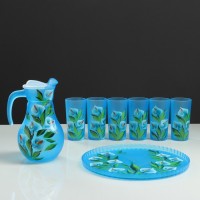 Набор для сока с подносом "Каллы" художественная роспись, 6 стаканов 1250/200 мл, синий: 