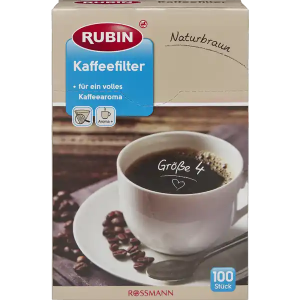 RUBIN Kaffeefilter naturbraun Gr. 4: Цвет: https://www.rossmann.de/de/haushalt-rubin-kaffeefilter-naturbraun-gr-4/p/4305615996417
Produktbeschreibung und details Fr den perfekten Filterkaffee Die Filter sorgen fr einen klaren ausgewogenen Kaffeegenuss mit vollem Aroma Die Kaffeefilter sind besonders umweltfreundlich und knnen samt Inhalt kompostiert werden sicher durch stabile und doppelte Prgenaht  Kaffeearoma durch feinporiges Qualittspapier besonders reifest benutztes Filterpapier kann mit Inhalt kompostiert werden Kontaktdaten Dirk Rossmann GmbH Isernhgener Strae   Burgwedel wwwrossmannde Anwendung und Gebrauch Knicken Sie den unteren und den seitlichen Falz um bevor Sie den Kaffeefilter in den Filtereinsatz geben Das Knicken sorgt dafr dass der Kaffeefilter tief genug im Filtereinsatz sitzt und dadurch ein Umknicken des Filters verhindert wird