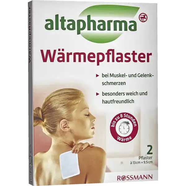 altapharma Wrmepflaster: Цвет: https://www.rossmann.de/de/gesundheit-altapharma-waermepflaster/p/4305615617107
Produktbeschreibung und details Altapharma Wrmepflaster lindern mit ihrer angenehmen und gut vertrglichen Wrme wirksam Schmerzen und entspannen die verkrampfte und strapazierte Muskulatur Auch Gelenkschmerzen mit Steifheit knnen durch die wohltuende Wrmewirkung positiv beeinflusst werden Die flexiblen altapharma Wrmepflaster sind von weichem hautfreundlichem Material umgeben und enthalten eine Mischung aus Aktivkohle und Eisenpulver die sich beim Kontakt mit Sauerstoff erwrmt Die Pflaster knnen gezielt auf die schmerzenden Stellen aufgebracht werden und haften gut auf der Haut Nach Gebrauch lassen sie sich leicht wieder entfernen und sind besonders hautfreundlich bei Muskel und Gelenkschmerzen besonders weich ampamp hautfreundlich bis zu  Stunden Wrme Gre  cm   cm Kontaktdaten Dirk Rossmann GmbH Isernhgener Strae   Burgwedel Anwendung und Gebrauch Anwendungshinweise Die Haut an der Anwendungsstelle muss trocken und sauber sein Das Pckchen mit der Hand ffnen nicht einschneiden und das Wrmepflaster entnehmen Die Schutzfolie von der Rckseite des Wrmepflasters abziehen und das Wrmepflaster mit der Klebeseite auf die Haut ber der schmerzhaften Stelle aufbringen Nach dem ffnen des Beutels wird das Wrmepflaster innerhalb von  Minute aktiviert und erwrmt sich innerhalb von  Minuten Das Wrmepflaster wird von der Luft aktiviert  das Pckchen sollte daher erst geffnet werden wenn das Wrmepflaster benutzt werden soll Nach dem Gebrauch das Wrmepflaster langsam abziehen Warnhinweise und wichtige Hinweise Warnhinweise Bei falscher Anwendung knnen Wrmepflaster auch bei niedriger Temperatur zu Brandwunden fhren Befolgen Sie die Anweisungen und berwachen Sie den Anwendungsbereich regelmig Damit kein Risiko der Bildung von Brandwunden entsteht ermglichen Sie eine Luftzirkulation ber dem Wrmepflaster und wenden Sie keinen Druck an beispielsweise indem Sie auf dem Wrmepflaster liegen oder sitzen oder ber dem Wrmepflaster enganliegende Kleidung tragen Falls das Wrmepflaster unangenehm hei wird oder sich ein Hautausschlag bildet ist die Anwendung des Pflasters sofort zu beenden Befolgen Sie die vollstndigen Anweisungen und Gegenanzeigen in der Gebrauchsanweisung und berwachen Sie den Anwendungsbereich regelmig Nur einmal verwenden Verwenden Sie das Pflaster nicht an einer anderen Krperstelle auer dem Rcken und dem Schulterbereich Die Anwendung dieses Wrmepflasters sollte nur mit einer sorgfltigen berwachung erfolgen bei Personen die das Pflaster nicht selbstndig abnehmen knnen wie beispielsweise ltere oder behinderte Personen Bitte lesen Sie vor der Anwendung des Wrmepflasters die vollstndige Gebrauchsanweisung welche auf den Pckchen aufgedruckt ist