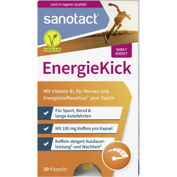 sanotact® EnergieKick Kapseln: Цвет: https://www.rossmann.de/de/gesundheit-sanotact-energiekick-kapseln/p/4003087422150
Produktbeschreibung und details Pltzlich eintretende Mdigkeit auf langen Autofahrten oder an zehrenden Arbeitstagen kennen wir als alltgliches Problem Unsere Leistungskurve nimmt in diesen Momenten ab Auch vor besonderer krperlicher Belastung wie Sport wollen wir unsere Ausdauerfhigkeit so schnell wie mglich steigern um bestmgliche Ziele zu erreichen Das in sanotact EnergieKick Kapseln enthaltene Koffein dient zur Steigerung der Ausdauerleistung und verbessert die Konzentration und Aufmerksamkeit Ergnzt wird die Formel durch Vitamin B Dieses untersttzt den Energiestoffwechsel und die normale Funktion des Nervensystems Zudem trgt Vitamin B dazu bei Mdigkeit und Ermdung zu vermindern Abgerundet wird das Konzept mit  mg Taurin Taurin ist eine Aminosulfonsure die im menschlichen Krper und in der tglichen Nahrung auf natrliche Weise vorkommt Taurin ist an vielen biologischen Prozessen im Krper involviert sanotact Energie Kick Kapseln sind frei von Zuckerzusatz tierischen Bestandteilen und glutenund laktosefrei vegane Kapseln mit  mg Koffein und  mg Taurin ideal fr unterwegs dank praktischer Taschenverpackung mit Vitamin B fr die Nerven und den Energiestoffwechsel Lebensmittelunternehmer Name sanotact GmbH Adresse Hessenweg   Mnster Germany wwwsanotactde UrsprungslandHerkunftsort Deutschland Testurteile Qualittssiegel ampamp Verbandszeichen Rechtlich vorgeschriebene Produktbezeichnung Nahrungsergnzungsmittel mit Koffein Taurin und Vitamin B Zutaten Fllstoff Calciumcarbonat Taurin Koffein Fllstoff Hydroxypropylmethylcellulose Riboflavin Vitamin B Nhrwerte Durchschnittliche Nhrwertangaben pro  Portion pro  Portion pro Kap pro  Kap Tagesdosis Referenzwert NRV Referenzmenge nach EULebensmittelinformationsverordnung NRV Referenzmenge nach EULebensmittelinformationsverordnung Energie  kj   kcal  kj   kcal Fett amplt  g amplt  g davon  gesttigte Fettsuren  g  g Kohlenhydrate amplt  g amplt  g davon  Zucker  g  g Eiwei amplt  g amplt  g Salz amplt  g  g NRV NRV Vitamin B Riboflavin  mg    mg   Taurin  mg  mg Anwendung und Gebrauch Verzehrempfehlung  Kapsel tglich zur Steigerung der Aufmerksamkeit oder  Kapseln tglich  bis  Minuten vor krperlicher Aktivitt zur Steigerung der Ausdauerleistung mit reichlich Flssigkeit einnehmen Gebrauch Aufbewahrung und Verwendung Aufbewahrungs und Verwendungsbedingungen Unter  C trocken und vor Licht geschtzt lagern Warnhinweise und wichtige Hinweise Warnhinweise Enthlt Koffein Nicht geeignet fr Kinder oder Schwangere  mg Koffein pro Kapsel  mg pro  Kapseln Die angegebene empfohlene tgliche Verzehrmenge darf nicht berschritten werden Nahrungsergnzungsmittel sollten nicht als Ersatz fr eine ausgewogene und abwechslungsreiche Ernhrung sowie eine gesunde Lebensweise dienen Fr kleine Kinder unzugnglich aufbewahren