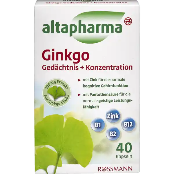 altapharma Ginkgo GedchtnisKonzentration: Цвет: https://www.rossmann.de/de/gesundheit-altapharma-ginkgo-gedaechtniskonzentration/p/4068134018601
Produktbeschreibung und details Um die Aufgaben des Alltags und die geistigen Herausforderungen zu bewltigen sind ein gutes Konzentrationsvermgen und ein gutes Gedchtnis sehr wichtig Eine ausreichende Versorgung mit Nhrstoffen fr den Stoffwechsel von Gehirn und Nerven ist hierfr unerlsslich Altapharma Ginkgo Gedchtnis  Konzentration enthlt neben Ginkgo biloba Extrakt auch viele wichtige Vitamine Vitamin B und B sind von zentraler Bedeutung fr den Energiestoffwechsel und die Nervenzellen Vitamin B und Folsure haben wichtige Funktionen bei der Zellteilung Pantothensure untersttzt die geistige Leistung und Zink trgt zu einer normalen kognitiven Funktion bei mg Extrakt aus Ginkgo biloba mit Zink fr die normale kognitive Gehirnfunktion mit Pantothensure fr die normale geistige Leistungsfhigkeit glutenfrei laktosefrei Lebensmittelunternehmer Name Dirk Rossmann GmbH Adresse Isernhgener Str   Burgwedel wwwrossmannde UrsprungslandHerkunftsort Deutschland Ginkgo biloba Extrakt aus NichtEU Testurteile Qualittssiegel ampamp Verbandszeichen Rechtlich vorgeschriebene Produktbezeichnung Nahrungsergnzungsmittel mit Ginkgo BVitaminen und Zink Zutaten Fllstoff Calciumphosphat Ginkgo biloba Extrakt Gelatine Zinksulfat Trennmittel Siliciumdioxid CalciumDpantothenat Pantothensure Riboflavin Vitamin B Thiaminmononitrat Vitamin B Pteroylmonoglutaminsure Folsure Cyanocobalamin Vitamin B Nhrwerte Durchschnittliche Nhrwertangaben pro  g pro  Portion  Kapsel Tagesdosis Referenzwert Referenzmenge Nhrstoffbezugswerte NRV Nutrient Reference Values Energie  kj   kcal  kj   kcal Fett amplt  g amplt  g davon  gesttigte Fettsuren  g  g Kohlenhydrate  g amplt  g davon  Zucker  g  g Eiwei  g amplt  g Salz  g amplt  g NRV Zink  mg   Vitamin B Thiamin  mg   Vitamin B Riboflavin  mg   Folsure  g   Vitamin B  g   Pantothensure  mg   Nhrwertbeschreibung Ginkgo biloba Extrakt pro Kapsel mg Anwendung und Gebrauch  Kapsel tglich unzerkaut mit ausreichend Flssigkeit z B einem Glas Wasser verzehren Die empfohlene tgliche Verzehrmenge darf nicht berschritten werden Gebrauch Aufbewahrung und Verwendung Aufbewahrungs und Verwendungsbedingungen Bitte auerhalb der Reichweite von kleinen Kindern aufbewahren Trocken vor Wrme und Licht geschtzt aufbewahren Warnhinweise und wichtige Hinweise Warnhinweise Nahrungsergnzungsmittel sind kein Ersatz fr eine ausgewogene und abwechslungsreiche Ernhrung sowie eine gesunde Lebensweise Personen die Antikoagulantien einnehmen sollten vor dem Verzehr von Ginkgo Gedchtnis  Konzentration Rcksprache mit ihrem Arzt halten Auf die Einnahme weiterer zinkhaltiger Nahrungsergnzungsmittel sollte verzichtet werden Die empfohlene tgliche Verzehrmenge darf nicht berschritten werden