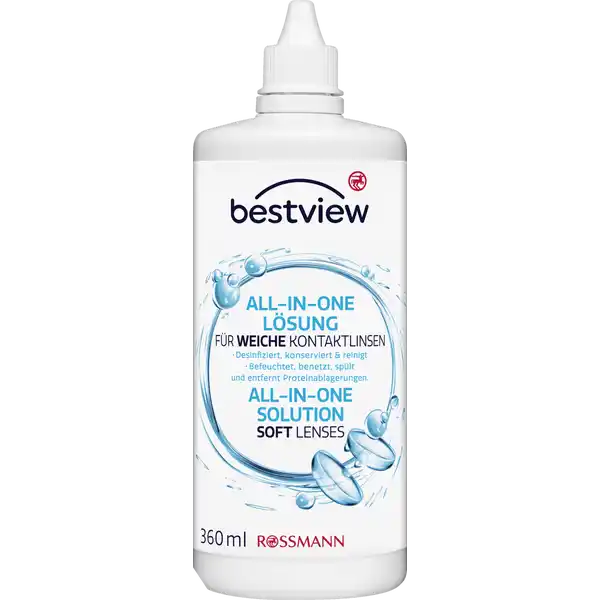 BestView AllInOne Lsung fr weiche Kontaktlinsen: Цвет: https://www.rossmann.de/de/gesundheit-bestview-all-in-one-loesung-fuer-weiche-kontaktlinsen/p/8019894094707
Produktbeschreibung und details ALLINONELSUNG fr alle Arten von weichen Kontaktlinsen auch fr SilikonHydrogelLinsen desinfiziert konserviert ampamp reinigt befeuchtet benetzt splt und entfernt Proteinablagerungen Kontaktdaten Dirk Rossmann GmbH Isernhgener Strae   Burgwedel wwwrossmannde Anwendung und Gebrauch Die Hnde grndlich waschen und trocknen Die Linsen in den Behlter legen Mit der Lsung fllen und die Deckel zuschraubenDie Lsung mindestens  Stunden einwirken lassen Vor dem Entfernen der Linsen aus dem Behlter diesen leicht schtteln Die Linsen knnen nun verwendet werden Die Lsung abgieenund den Behlter wieder verschlieen Inhaltsstoffe Polyhexamethylenbiguanid  g Natriumedetat  gPropylenoxid Polymer  g Polyquaternium  g Gepufferteisotonische Lsung mit pHWert  qs fr  ml Warnhinweise und wichtige Hinweise Warnhinweise Bitte den Inhalt der Flasche innerhalb von  Monaten nach dem ffnen aufbrauchen Lsung nicht nach dem Verfalldatum anwenden Die Flasche nach Gebrauch immer verschlieen Kontakt mit der Tropfenspitze vermeiden Beim Auftreten von Augenirritationen oder Allergien die Verwendung bitte sofort beenden und einen Arzt aufsuchen Die Lsung nicht mehrfach verwenden nicht einnehmen und nicht mit anderen Lsungen mischen Kontaktlinsen die lnger als  Tage unbenutzt in der Flssigkeit gelegen haben bitte neu desinfizieren Kontaktlinsenbehlter sollten grundstzlich regelmig gereinigt und alle  Wochen ausgetauscht werden