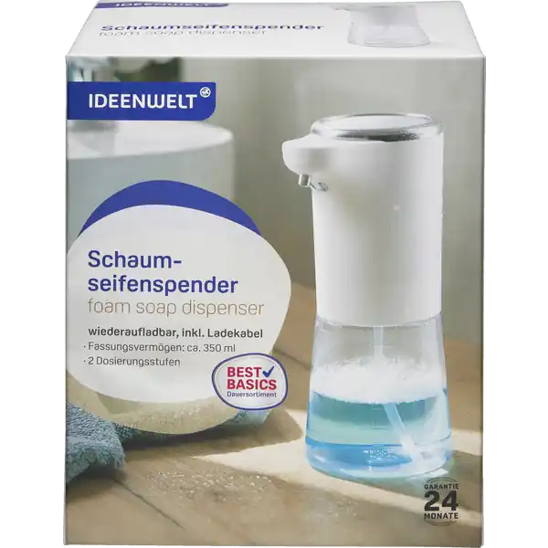 IDEENWELT Best Basics Schaumseifenspender: Цвет: Produktbeschreibung und details inkl Ladekabel  ml Fassungsvermgen  Dosierungsstufen berhrungslose Verwendung wiederaufladbar wandelt Flssigseife und Wasser in Schaumseife Kontaktdaten Dirk Rossmann GmbH Isernhgener Strae   Burgwedel wwwrossmannde Hinweise zur Elektrogerte und Batterieentsorgung Hinweise zur Entsorgung von Elektrogerten und Batterien httpswwwrossmanndedeserviceundhilfeelektrogesetzbatteriegesetz
https://www.rossmann.de/de/ideenwelt-ideenwelt-best-basics-schaumseifenspender/p/4305615879017