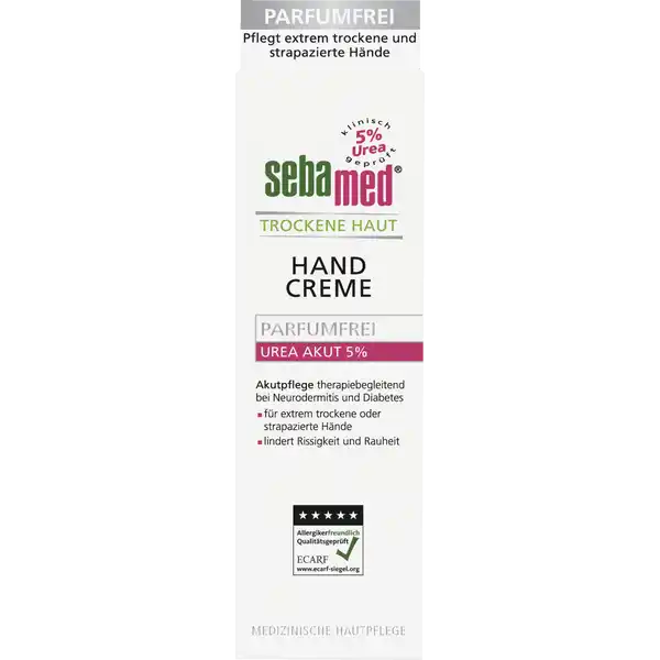 sebamed Trockene Haut Handcreme Parfumfrei Urea 5%: Цвет: Produktbeschreibung und details Die parfumfreie sebamed Trockene Haut Handcreme Urea  ist eine gut einziehende OW Emulsion die die Haut mit Feuchtigkeit versorgt und hilft Reizungen zu mindern Hochkonzentrierter Harnstoff Urea spendet intensiv Feuchtigkeit lindert rasch Juckreiz und glttet sehr trockene Haut Ein Wirkkomplex mit Panthenol frdert die Hautregeneration Allantoin untersttzt die glttende und regenerierende Wirkung Bisabolol der Wirkstoff der Kamille trgt zur Reizlinderung bei Ein LipidKomplex aus Avocadol und Kakaobutter verbessert die Hautgltte und trgt zum Schutz vor Austrocknung bei fr extrem trockene oder strapazierte Haut lindert Rissigkeit und Rauheit Kontaktdaten Sebapharma GmbH ampamp Co KG  Boppard wwwsebamedde  UrsprungslandHerkunftsort Deutschland Anwendung und Gebrauch Die parfumfreie sebamed Trockene Haut Handcreme Urea Akut   ein bis mehrmals tglich auf die Hnde auftragen und sanft einreiben Dabei auch die Handgelenke die Fingerzwischenrume und Nagelfalze intensiv bis zum vollstndigen Einziehen massieren Dadurch wird die Trockenheit der Haut ihre Rauheit und Rissigkeit ebenso wie Reizerscheinungen sprbar gelindert Therapiebegleitend zur Handpflege bei Diabetes Neurodermitis und Psoriasis geeignet Inhaltsstoffe Aqua Persea gratissima oil Urea Theobroma cacao seed butter Glycerin Panthenol Glyceryl Stearate Citrate Cetearyl Alcohol Hydrolyzed Keratin Allantoin Bisabolol Citric Acid Sodium Hydroxide Sodium Carbomer Phenoxyethanol Sodium Benzoate
https://www.rossmann.de/de/pflege-und-duft-sebamed-trockene-haut-handcreme-parfumfrei-urea-5/p/4103040000811