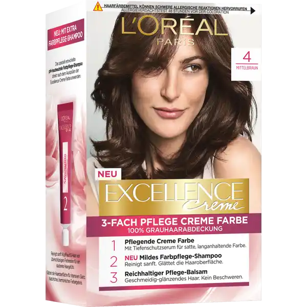 LOral Paris Excellence Crme  Mittelbraun: Цвет: Produktbeschreibung und details LOral Paris Excellence Crme  Mittelbraun ist eine fach Pflege Creme Farbe angereichert mit Tiefenschutzserum ProKeratin und AufbauCeramid fr krftiges geschtztes Haar und eine langanhaltende glnzende Farbe Jetzt neu mit FarbpflegeShampoo Kontaktdaten LORAL Deutschland GmbH  Geschftsbereich LOral Paris Johannstrae   Dsseldorf UrsprungslandHerkunftsort Belgien Anwendung und Gebrauch Es fngt bei einer guten Vorbereitung an Nehmen Sie sich Zeit und legen Sie folgende Hilfsmittel bereit Ein Schutzumhang oder altes Handtuch Einweghandschuhe Haarklammern und einen Wecker damit Sie die Einwirkzeit nicht vergessen Frben Die Produkte von EXCELLENCE sind ganz leicht in der Anwendung Zunchst das TiefenschutzSerum auf die beanspruchten Stellen des ungewaschenen Haares auftragen  nicht auf den Ansatz Das Serum wird whrend der Coloration im Haar gelassen und schtzt Ihre Haarstruktur Mischen Sie die Farbemulsion und den Entwickler und tragen Sie die Farbe auf das Haar auf Nach der Einwirkzeit gut aussplen und den Pflegebalsam sanft in das Haar einmassieren Gebrauch Aufbewahrung und Verwendung Aufbewahrungs und Verwendungsbedingungen Khl und trocken lagern Inhaltsstoffe   INGREDIENTS AQUA  WATER  CETEARYL ALCOHOL  PROPYLENE GLYCOL  DECETH  LAURETH  AMMONIUM HYDROXIDE  OLETH  HEXADIMETHRINE CHLORIDE  LAURIC ACID  GLYCOL DISTEARATE  POLYQUATERNIUM  ETHANOLAMINE  SILICA DIMETHYL SILYLATE NANO  SILICA DIMETHYL SILYLATE  CI   TITANIUM DIOXIDE  DIAMINOPHENOXYETHANOL HCl  mAMINOPHENOL  ASCORBIC ACID  SODIUM METABISULFITE  HYDROXYBENZOMORPHOLINE  THIOGLYCERIN  TOLUENEDIAMINE  DIMETHICONE  PROLINE  CARBOMER  THREONINE  RESORCINOL  EDTA  PARFUM  FRAGRANCE FIL C  INGREDIENTS AQUA  WATER  HYDROGEN PEROXIDE  CETEARYL ALCOHOL  SODIUM SALICYLATE  TRIDECETH CARBOXAMIDE MEA  PHOSPHORIC ACID  CETEARETH  TETRASODIUM ETIDRONATE  TETRASODIUM PYROPHOSPHATE  GLYCERIN FIL C B  INGREDIENTS AQUA  WATER  SODIUM LAURETH SULFATE  COCAMIDOPROPYL BETAINE  DIMETHICONE  SODIUM CHLORIDE  PARFUM  FRAGRANCE  CI   TITANIUM DIOXIDE  GUAR HYDROXYPROPYLTRIMONIUM CHLORIDE  MICA  COCOBETAINE  SODIUM BENZOATE  SODIUM HYDROXIDE  PHENOXYETHANOL  STEARETH  ACETIC ACID  PEG STEARATE  TRIDECETH  TRIDECETH  SALICYLIC ACID  FUMARIC ACID  LINALOOL  BENZYL ALCOHOL  AMODIMETHICONE  ISOEUGENOL  CARBOMER  CITRIC ACID  HEXYLENE GLYCOL  HEXYL CINNAMAL  GLYCERIN  GLYCOL DISTEARATE FIL C  INGREDIENTS AQUA  WATER  AMODIMETHICONE  STEARYL ALCOHOL  HYDROXYPROPYL STARCH PHOSPHATE  ISOPROPYL MYRISTATE  BEHENTRIMONIUM CHLORIDE  CETYL ALCOHOL  HYDROXYPROPYLTRIMONIUM HYDROLYZED WHEAT PROTEIN  PHENOXYETHANOL  ACETIC ACID  PEG DISTEARATE  TRIDECETH  TRIDECETH  TRIDECETH  PANTHENOL  LINALOOL  BENZYL ALCOHOL  ISOPROPYL ALCOHOL  ISOEUGENOL  OLEAMIDOOCTADECANEDIOL  CAPRYLYL GLYCOL  CETRIMONIUM CHLORIDE  HEXYL CINNAMAL  GLYCERIN  PARFUM  FRAGRANCE FIL C Warnhinweise und wichtige Hinweise Warnhinweise Haarfrbemittel knnen allergische Reaktionen hervorrufen Temporre Ttowierungen mit schwarzem Henna knnen das Allergierisiko erhhen Frben Sie Ihr Haar nicht wenn Sie einen Ausschlag im Gesicht haben oder wenn Ihre Kopfhaut empfindlich gereizt oder verletzt ist wenn Sie schon einmal nach dem Frben Ihres Haares eine Reaktion festgestellt haben Wenn eine temporre Ttowierung mit schwarzem Henna bei Ihnen schon einmal eine Reaktion verursacht hat Das nichtbeachten einer vorliegenden Allergie kann lebensbedrohlich sein Es ist unbedingt erforderlich einen Allergieverdachtstest  Stunden vor jeder Anwendung des Produkts durchzufhren auch wenn Sie Haarfarben bereits frher verwendet haben
https://www.rossmann.de/de/pflege-und-duft-loreal-paris-excellence-creme-4-mittelbraun/p/3600523714476