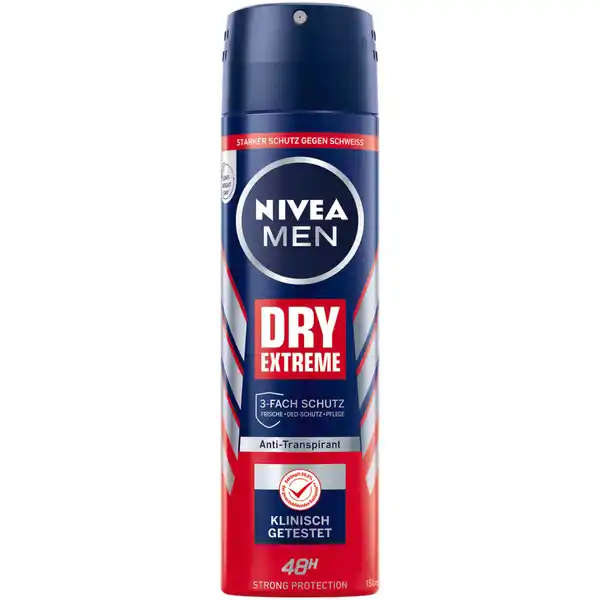 NIVEA MEN Anti-Transpirant Spray Dry Extreme: Цвет: Produktbeschreibung und details NIVEA MEN Dry Extreme Deodorant Spray bietet besonders starken Schutz vor Krpergeruch und Achselnsse Die hochwirksame Formel mit Zinkkomplex ohne Alkohol bietet  Stunden lang besonders starken Schutz Hautvertrglichkeit klinisch besttigt NIVEA MEN Dry Extreme Deodorant ist speziell fr Mnner entwickelt worden die Schutz vor allen Arten des Schwitzens erwarten Das Spray ist nun als LightWeight Can in einer nachhaltigeren Dose verfgbar besonders starker Schutz vor Krpergeruch und Achselnsse  Stunden AntiTranspirantSchutz Formel mit hochwirksamem Zinkkomplex ohne Alkohol Hautvertrglichkeit dermatologisch besttigt Kontaktdaten Beiersdorf AG D Hamburg wwwniveade  UrsprungslandHerkunftsort EU Anwendung und Gebrauch Wenden Sie das Spray am besten nach dem Duschen an Vor Gebrauch gut schtteln Nicht in die Augen sprhen Aus  cm Entfernung unter die Achsel sprhen Einwirken lassen Inhaltsstoffe Butane Isobutane Propane Aluminum Chlorohydrate Cyclomethicone Isopropyl Palmitate Parfum Aluminum Sesquichlorohydrate Zinc Citrate Persea Gratissima Oil Octyldodecanol Disteardimonium Hectorite Dimethicone Propylene Carbonate Dimethiconol Linalool Geraniol Limonene Warnhinweise und wichtige Hinweise Warnhinweise GEFAHR Extrem entzndbares Aerosol Behlter steht unter Druck Kann bei Erwrmung bersten Von Hitze heien Oberflchen Funken offenen Flammen und anderen Zndquellen fernhalten Nicht rauchen Nicht gegen offene Flamme oder andere Zndquelle sprhen Nicht in die Augen sprhen Nicht auf gereizter oder geschdigter Haut anwenden Nicht durchstechen oder verbrennen auch nicht nach Gebrauch Benutzung nur entsprechend Verwendungszweck Vor Sonnenbestrahlung schtzen Nicht Temperaturen ber C aussetzen Darf nicht in die Hnde von Kindern gelangen Nur entleerte Dosen in die Wertstoffsammlung geben
https://www.rossmann.de/de/pflege-und-duft-nivea-men-anti-transpirant-spray-dry-extreme/p/4005900829450