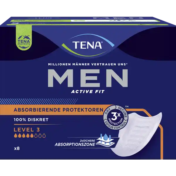 TENA Men Active Fit Absorbierende Protektoren Einlagen Level 3: Цвет: Produktbeschreibung und details Tena Men Absorbierende Protektoren Einlagen Level  mit AbsorptionsKontrolle schtzen bei unfreiwilligem Harnverlust grerer Mengen und sind auch fr die Nacht geeignet Dreifachschutz  schtzt vor Auslaufen Feuchtigkeit und Gerchen sicherer Sitz  mit Klebestreifen fr einen sicheren Sitz in Ihrer Unterwsche speziell fr die Anatomie des Mannes  mit angenehm weicher Schalenform  diskret  diskret dank dnnem und unaufflligem Design nur  mm dnn sichere Absorptionszone  mit doppeltem Kern fr extra Schutz bei Harnverlust einzeln verpackt dadurch praktisch fr unterwegs und diskret zu entsorgen Kontaktdaten Essity Germany GmbH Sandhofer Strasse   Mannheim wwwtenamende UrsprungslandHerkunftsort Slowakei Testurteile Qualittssiegel ampamp Verbandszeichen Warnhinweise und wichtige Hinweise Warnhinweise Jede Einlage nur einmal verwenden
https://www.rossmann.de/de/pflege-und-duft-tena-men-active-fit-absorbierende-protektoren-einlagen-level-3/p/7322541497501