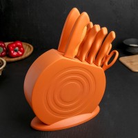 Набор кухонных принадлежностей на подставке, 8 ножей, ножеточка, ножницы, цвет оранжевый: 