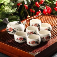 Набор для чайной церемонии керамический «Нежный цветок», 7 предметов: чайник 180 мл, 6 чашек 70 мл, цвет белый: 