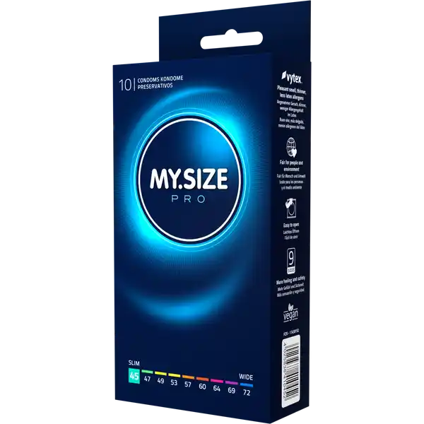 MY.SIZE PRO Kondome 45 mm: Цвет: Produktbeschreibung und details MYSIZE PRO  dnne Kondome fr mehr Sicherheit durch richtigen Sitz bei gleichzeitig intensivem Gefhl Mehr Sicherheit durch individuell abgestimmte Paform Besonders allergenarm und geruchsneural durch die Verwendung von hochgradig reinem VYTEXLatex Die minimale Wandstrke von  bis  mm ist besonders dnn und damit besonders gefhlsecht Nachhaltig und vegan Weit oberhalb der Norm liegende Qaulitt Alle Kondome entsprechen der EURichtlinie fr Medizinprodukte  EWG MYSIZE PRO Kondome  mm glatt zylindrisch transparent mit Resrvoir mit Gleitmittel Kontaktdaten RampampS consumer goods GmbH Wasserburger Landstrae   Mnchen wwwmysizecondomscom Anwendung und Gebrauch Bereits bei Entnahme aus der Verpackung ist unbedingt darauf zu achten das Kondom vorsichtig zu behandeln um Beschdigungen durch Fingerngel Schmuck usw zu vermeiden Das Kondom muss vor dem ersten Kontakt zwischen Penis und Krper des Partnersder Partnerin ber den erigierten Penis gestreift werden um bei der Verhinderung von sexuell bertragbaren Infektionen und von Schwangerschaft untersttzend wirken zu knnen Halten Sie das Reservoir an der Spitze des Kondoms so mit Daumen und Zeigefinger dass dort kein Luftpolster entsteht Rollen Sie das Kondom ber den Penis ab Falls Sie spren dass das Kondom abrutscht oder bermig auf dem Penis spannt unterbrechen Sie den Liebesakt und berprfen Sie den Sitz da dies zu einem Riss fhren kann Eventuell mssen Sie eine andere Kondomgre whlen Bald nach der Ejakulation muss der Penis zurckgezogen werden wobei das Kondom am Penisansatz festzuhalten ist Bei Verwendung eines zustzlichen Gleitmittels ist es erforderlich nur solche zu verwenden die fr den Gebrauch mit Kondomen als geeignet ausgewiesen sind Die Anwendung fetthaltiger Gleitmittel wie Vaseline Babyl Krperlotionen Massagele Butter Margarine usw ist zu vermeiden da diese die Unversehrtheit des Kondoms beeintrchtigen Bei gleichzeitiger Anwendung von Medikamenten die in Kontakt mit dem Kondom kommen knnen ist es erforderlich einen Arzt oder Apotheker zu deren Vertrglichkeit zu konsultieren Sollte ein Kondom whrend des Gebrauchs undicht werden oder bersten suchen Sie mglichst schnell medizinische Hilfe mindestens innerhalb von  Stunden Wenn die Einzelpackung offensichtlich beschdigt ist das Kondom verwerfen und ein neues Kondom aus einer unbeschdigten Packung verwenden Entsorgen Sie das gebrauchte Kondom im Abfalleimer und nicht in der Toilette Verwenden Sie das Kondom nur einmal da bei Wiederverwendung ein erhhtes Risiko fr ein Versagen oder fr eine Infektion gegeben ist Gebrauch Aufbewahrung und Verwendung Aufbewahrungs und Verwendungsbedingungen Khl und trocken lagern Vor direkter Sonneneinstrahlung und Hitze schtzen Inhaltsstoffe Naturkautschuklatex Silikongleitgel Warnhinweise und wichtige Hinweise Warnhinweise Jedes Kondom nur einmal verwenden Keine Verhtungsmethode kann igen Schutz vor ungewollter Schwangerschaft oder Infektionskrankheiten garantieren Gebrauchsanweisung beachten Kondome bieten nur bei vaginalem Geschlechtsverkehr ihren bestmglichen Schutz Diese Kondome bestehen aus Naturkautschuklatex der bei Latexallergikern eventuell allergische Reaktionen einschlielich eines anaphylaktischen Schocks hervorrufen kann Kein Verhtungsmittel kann einen  Schutz garantieren
https://www.rossmann.de/de/gesundheit-mysize-pro-kondome-45-mm/p/4025838410452