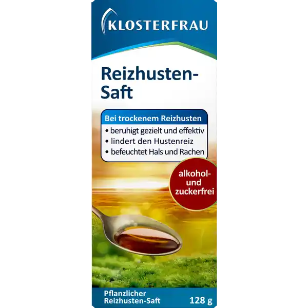 Klosterfrau Reizhusten Saft bei trockenem Reizhusten: Цвет: Produktbeschreibung und details Der wohlschmeckende Klosterfrau ReizhustenSaft mit dem Spezialextrakt aus Islndisch Moos wirkt gezielt bei trockenem Reizhusten und lindert lstige Hustenanflle Auch fr Kinder ab  Jahren geeignet beruhigt gezielt und effektiv Lindert den Hustenreiz Befeuchtet Hals und Rachen Ist alkohol und zuckerfrei Ist auch fr Kinder ab  Jahren geeignet Kontaktdaten wwwklosterfraude Zutaten Islndisch Moos Gebrauch Aufbewahrung und Verwendung Aufbewahrungs und Verwendungsbedingungen Fr Kinder unzugnglich aufbewahren Nicht ber  C lagern
https://www.rossmann.de/de/gesundheit-klosterfrau-reizhusten-saft-bei-trockenem-reizhusten/p/4008617134480