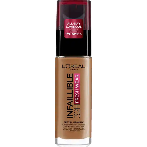 LOral Paris Infaillible H Fresh Wear Makeup  Copper: Цвет: Produktbeschreibung und details LOral Paris Infaillible H Fresh Wear Foundation  Copper Das Infaillible H Fresh Wear Makeup sorgt fr perfekte Deckkraft die den ganzen Tag hlt Die atmungsaktive OxygenTechnologie verleiht ein schwereloses Tragegefhl und nonstop frisches Aussehen  Stunden Perfektion  Stunden Komfort Dank der wasserfesten Formulierung knnen weder Regen Hitze Sport noch Trnen Ihrem Makeup etwas anhaben Kontaktdaten LORAL Deutschland GmbH  Geschftsbereich LOral Paris Johannstrae   Dsseldorf Gebrauch Aufbewahrung und Verwendung Aufbewahrungs und Verwendungsbedingungen Khl und trocken lagern Inhaltsstoffe AQUA  WATER  DIMETHICONE  ISODODECANE  ALCOHOL DENAT  ETHYLHEXYL METHOXYCINNAMATE  TRIMETHYLSILOXYSILICATE  BUTYLENE GLYCOL  PEG DIMETHICONE  TITANIUM DIOXIDE NANO  TITANIUM DIOXIDE  TITANIUM DIOXIDE  PERLITE  SYNTHETIC FLUORPHLOGOPITE  NYLON  ISOPROPYL LAUROYL SARCOSINATE  DIISOPROPYL SEBACATE  DISTEARDIMONIUM HECTORITE  HDITRIMETHYLOL HEXYLLACTONE CROSSPOLYMER  BISPEGPPG DIMETHICONE  MAGNESIUM SULFATE  ALUMINUM HYDROXIDE  PHENOXYETHANOL  DISODIUM STEAROYL GLUTAMATE  HYDROGEN DIMETHICONE  DIPENTAERYTHRITYL TETRAHYDROXYSTEARATETETRAISOSTEARATE  PARFUM  FRAGRANCE  SILICA SILYLATE  ACRYLONITRILEMETHYL METHACRYLATEVINYLIDENE CHLORIDE COPOLYMER T O C O P H E R O L  H E X Y L CINNAMAL  SILICA  ISOBUTANE  BENZYL SALICYLATE  LINALOOL  ALPHAISOMETHYL IONONE  B E N Z Y L A L C O H O L  B H T  C I T R O N E L L O L   M AY CONTAIN CI   TITANIUM DIOXIDE  CI  CI  CI   IRON OXIDES  CI   F E R R I C A M M O N I U M F E R R O C YA N I D E B
https://www.rossmann.de/de/make-up-loreal-paris-infaillible-24h-fresh-wear-make-up-340-copper/p/3600523527922