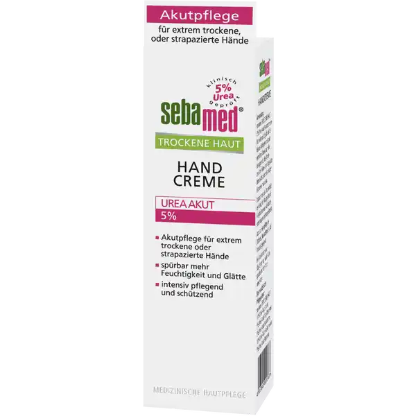 sebamed Trockene Haut Handcreme Urea Akut 5 %: Цвет: Produktbeschreibung und details Die ausgesuchten Inhaltsstoffe von sebamed TROCKENE HAUT HANDCREME UREA AKUT  lindern sprbar Spannungsgefhl Rauheit und Rissigkeit bei sehr trockener Haut und helfen die natrliche Feuchtigkeitsbalance der Haut wieder herzustellen Hochkonzentrierter Harnstoff Urea spendet intensiv Feuchtigkeit lindert rasch Juckreiz und glttet sehr trockene Haut der Wirkkomplex mit Panthenol frdert die Hautregeneration Allantoin untersttzt die glttende und regenerierende Wirkung Bisabolol der Wirkstoff der Kamille trgt zur Reizlinderung bei Ein LipidKomplex aus Avocadol und Olivenl verbessert die Hautgltte und trgt zum Schutz vor Austrocknung bei Kontaktdaten Sebapharma GmbH ampamp CO KG  Boppard wwwsebamedde UrsprungslandHerkunftsort Deutschland Anwendung und Gebrauch Ein bis mehrmals tglich auf die Hnde auftragen und sanft einreiben Dabei auch die Handgelenke die Fingerzwischenrume und Nagelfalze intensiv bis zum vollstndigen Einziehen massieren Dadurch wird die Trockenheit der Haut ihre Rauheit und Rissigkeit ebenso wie Reizerscheinungen sprbar gelindert Inhaltsstoffe Aqua Persea gratissima oil Urea Hydrogenated Olive Oil Glycerin Panthenol Glyceryl Stearate Citrate Cetearyl Alcohol Hydrolyzed Keratin Allantoin Bisabolol Sodium Carbomer Citric Acid Sodium Hydroxide Parfum Benzyl Alcohol Phenoxyethanol
https://www.rossmann.de/de/pflege-und-duft-sebamed-trockene-haut-handcreme-urea-akut-5-/p/4103040909763