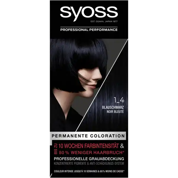 Syoss Professional Performance Permanente Coloration 1_4 Blauschwarz: Цвет: Produktbeschreibung und details Magisches Schwarz Schwarze Haare haben eine starke Anziehungskraft Ob mit warmen Rotnuancen einem tiefbraunem Unterton oder als khles Blauschwarz Wer sich fr die dunkelste aller Haarfarben entscheidet zeigt Charakter Schwarz will glnzend gepflegt werden Blauschwarz  ist ein intensives und tiefes schwarz mit schimmernd blauen Reflexen fr ein lebendiges Farbergebnis permanente Coloration mit SALONPLEX bis zu  Wochen Farbintensitt bis zu  weniger Haarbruch Kkonzentrierte Pigmente und AntiSchdigungsSystem Kontaktdaten Schwarzkopf ampamp Henkel GmbH D Dsseldorf wwwsyossde     Anwendung und Gebrauch Bitte Gebrauchsanweisung beachten Gebrauch Aufbewahrung und Verwendung Aufbewahrungs und Verwendungsbedingungen Darf nicht in die Hnde von Kindern gelangen Inhaltsstoffe ColorCreme Aqua Water Eau Cetearyl Alcohol Ammonium Hydroxide Glyceryl Stearate SE Ceteareth TolueneDiamine Sulfate Ethanolamine Diaminophenoxyethanol HCl Octyldodecanol Sodium Laureth Sulfate Sodium Cetearyl Sulfate Parfum Fragrance Sodium Sulfite Oleic Acid Resorcinol Glycerin Etidronic Acid Carbomer Potassium Hydroxide Ascorbic Acid Serine Linalool Citronellol Linoleamidopropyl PGDimonium Chloride Phosphate Propylene Glycol Sodium Sulfate Benzoic Acid Entwicklerlotion Aqua Water Eau Hydrogen Peroxide Cetearyl Alcohol PEG Castor Oil Etidronic Acid Sodium Cetearyl Sulfate Dicarboxypyridine Disodium Pyrophosphate Potassium Hydroxide Sodium Benzoate Pflegesplung Aqua Water Eau Cetearyl Alcohol Behentrimonium Chloride Dimethicone AmodimethiconeMorpholinomethyl Silsesquioxane Copolymer Magnesium Citrate Magnesium Chloride Hydrolyzed Keratin Polyquaternium Steardimonium Hydroxypropyl Hydrolyzed Keratin Panthenol Isopropyl Myristate Glyceryl Stearate Citric Acid Phenoxyethanol Stearamidopropyl Dimethylamine Isopropyl Alcohol Sodium Methylparaben Parfum Fragrance Dicaprylyl Carbonate Laureth Laureth Sodium Hydroxide Linalool Hexyl Cinnamal Sodium Chloride Salicylic Acid Trideceth Lauryl Glucoside Sodium Sulfate Warnhinweise und wichtige Hinweise Warnhinweise Das Produkt kann schwere allergische Reaktionen hervorrufen Bitte folgende Hinweise lesen und beachten Hellen Sie Ihr Haar nicht auf wenn  Sie einen Ausschlag im Gesicht haben oder wenn Ihre Kopfhaut empfindlich gereizt oder verletzt ist  Sie schon einmal nach dem Aufhellen Ihrer Haare eine Reaktion festgestellt haben Nach Anwendung die Haare gut splen Vollstndige Inhaltsstoffdeklaration siehe Packungsboden Enthlt Wasserstoffperoxid und Ammoniak Kontakt mit den Augen vermeiden Sofort Augen splen falls das Erzeugnis mit den Augen in Berhrung gekommen ist Geeignete Handschuhe tragen Fhren Sie einen Allergieverdachtstest  Stunden vor jeder Aufhellung durch siehe Gebrauchsanweisung auch wenn Sie schon frher Aufheller angewendet haben Daher denken Sie bitte daran das Produkt  Stunden vor der Anwendung zu kaufen Falls hierbei eine Hautunvertrglichkeit auftritt oder Zweifel bestehen fragen Sie bitte einen Hautarzt bevor Sie einen Aufheller anwenden Nur uerlich anwenden Nicht zur Frbung von Wimpern und Augenbrauen verwenden
https://www.rossmann.de/de/pflege-und-duft-syoss-professional-performance-permanente-coloration-1_4-blauschwarz/p/4015100324020